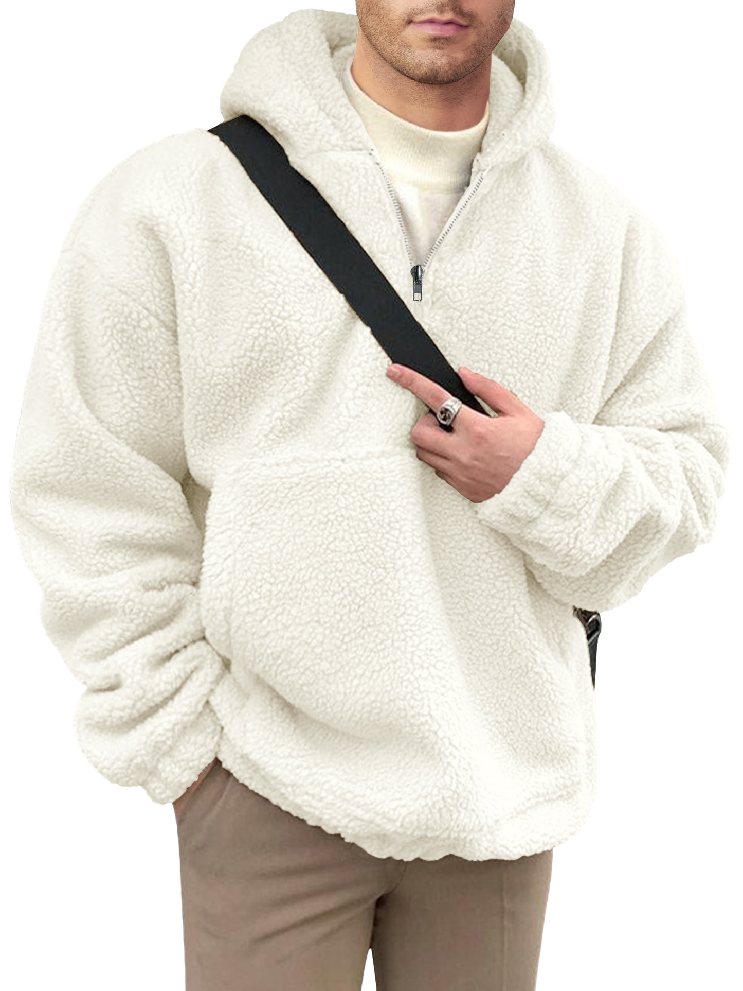 Comdecevis Mens Sherpa Fuzzy Pullover Hoodie Sweatshirts 1/4 Zip Up Oversized Outwear Top Long Sleeve Fleece Pockets Jacket