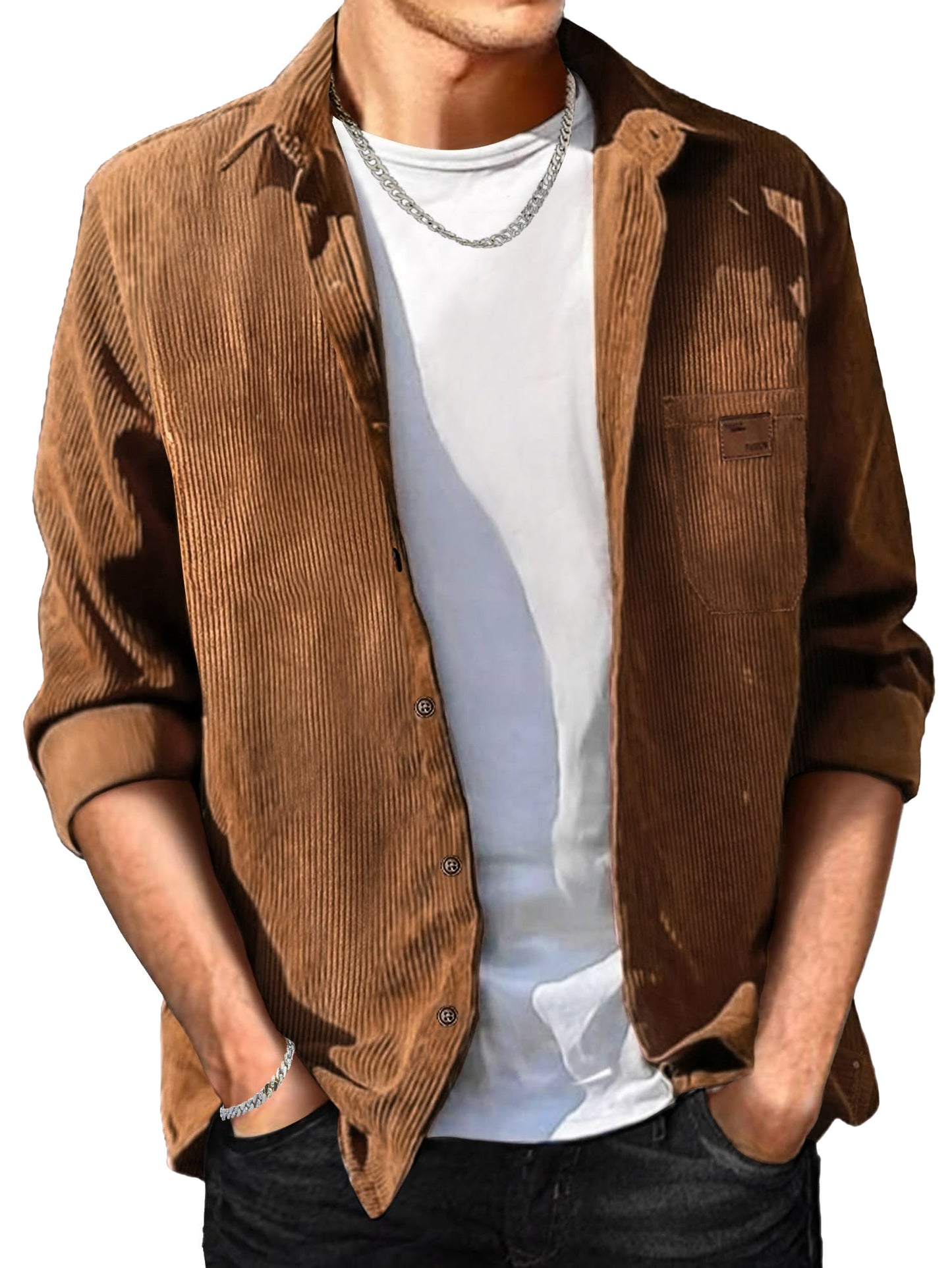 Comdecevis Men's Corduroy Shirt Long Sleeve Ribbed Tops Button Down Work Shirt Jacket with Chest Pocket