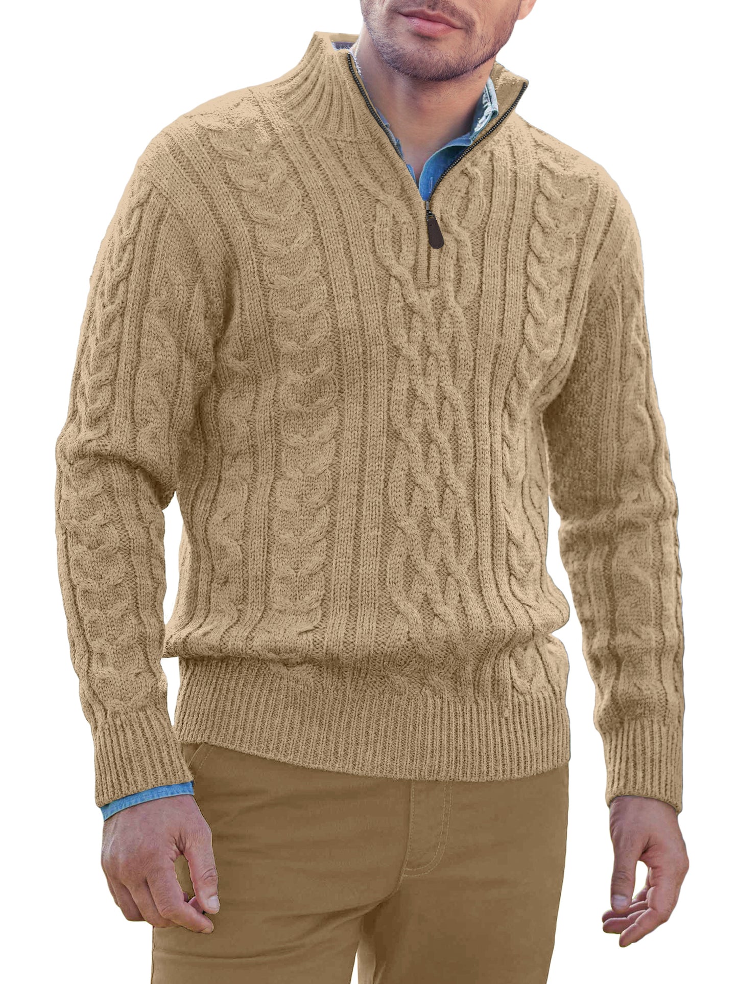 Comdecevis Men's Quarter-Zip Pullover Sweater Casual Turtleneck Cable Winter Thermal Knitted Sweaters
