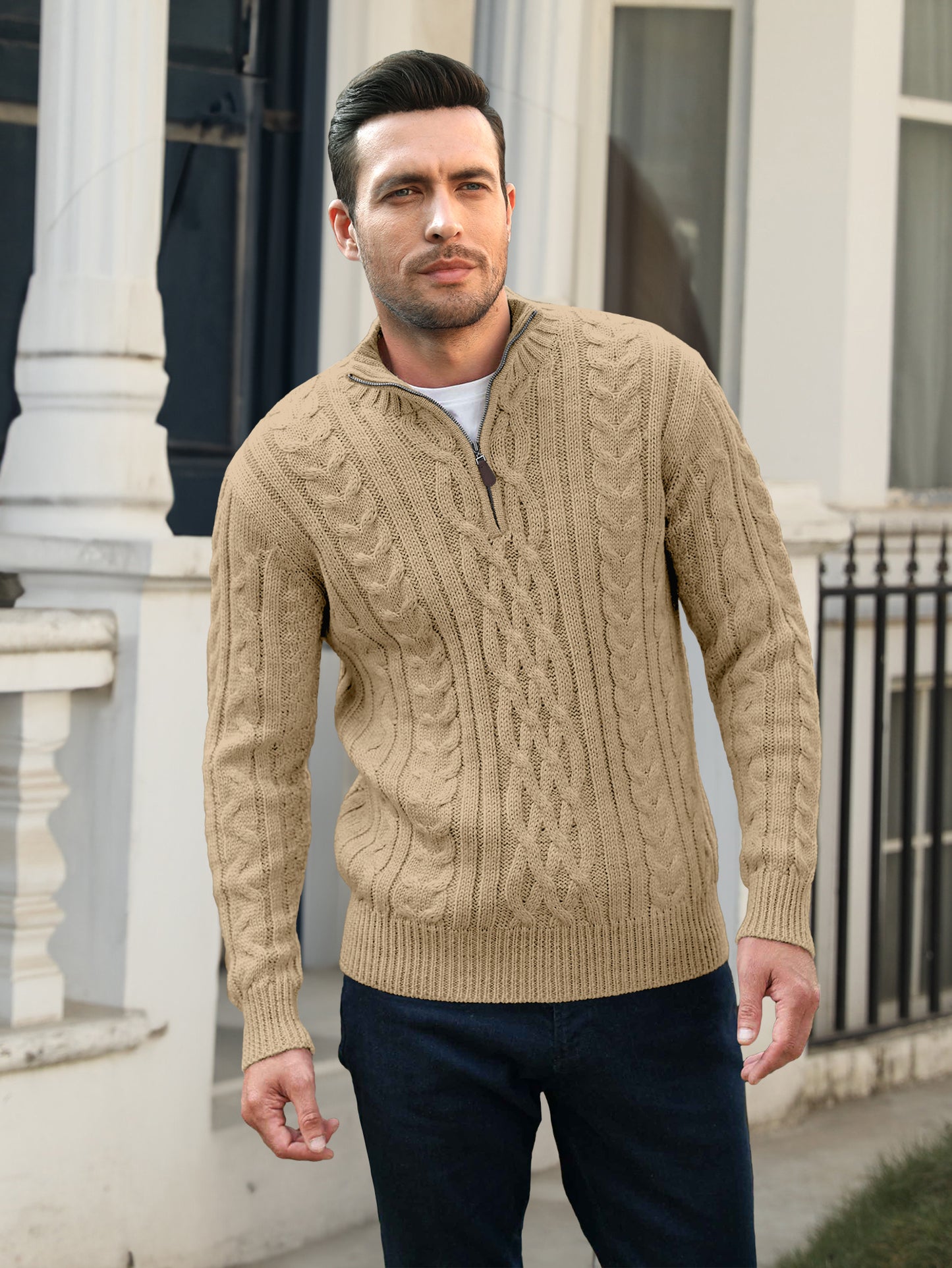 Comdecevis Men's Quarter-Zip Pullover Sweater Casual Turtleneck Cable Winter Thermal Knitted Sweaters