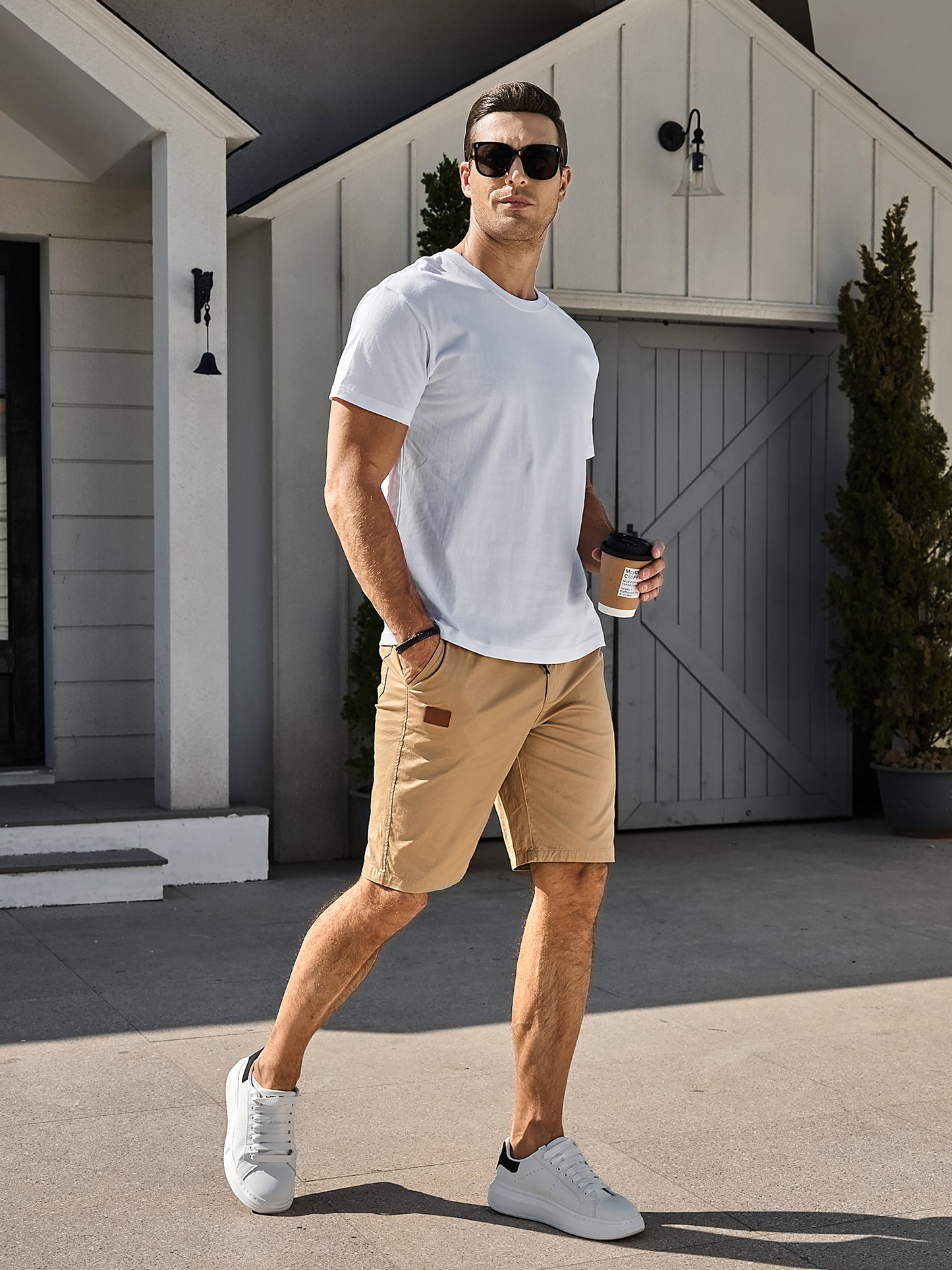 Men's Flat Front Short Casual Cotton Drawstring Elastic Waist Summer Beach Chino Shorts