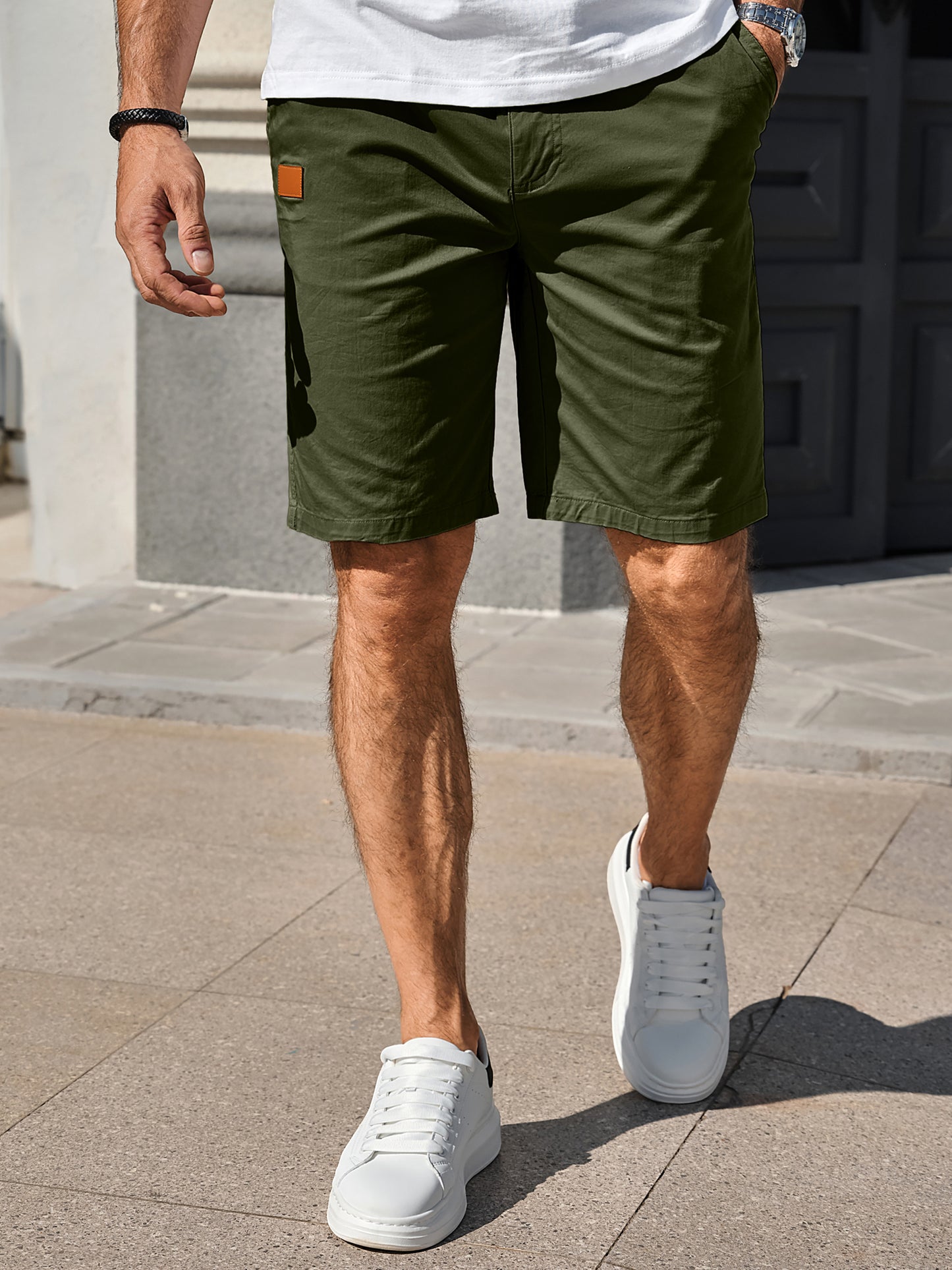 Men's Flat Front Short Casual Cotton Drawstring Elastic Waist Summer Beach Chino Shorts
