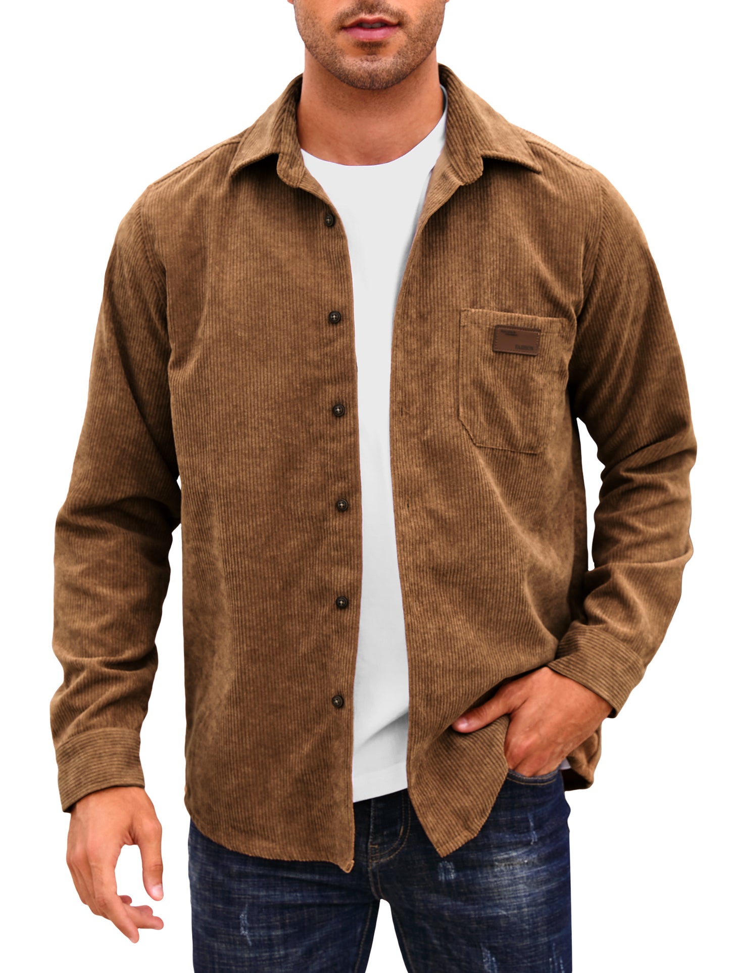 Comdecevis Men's Corduroy Shirt Long Sleeve Ribbed Tops Button Down Work Shirt Jacket with Chest Pocket