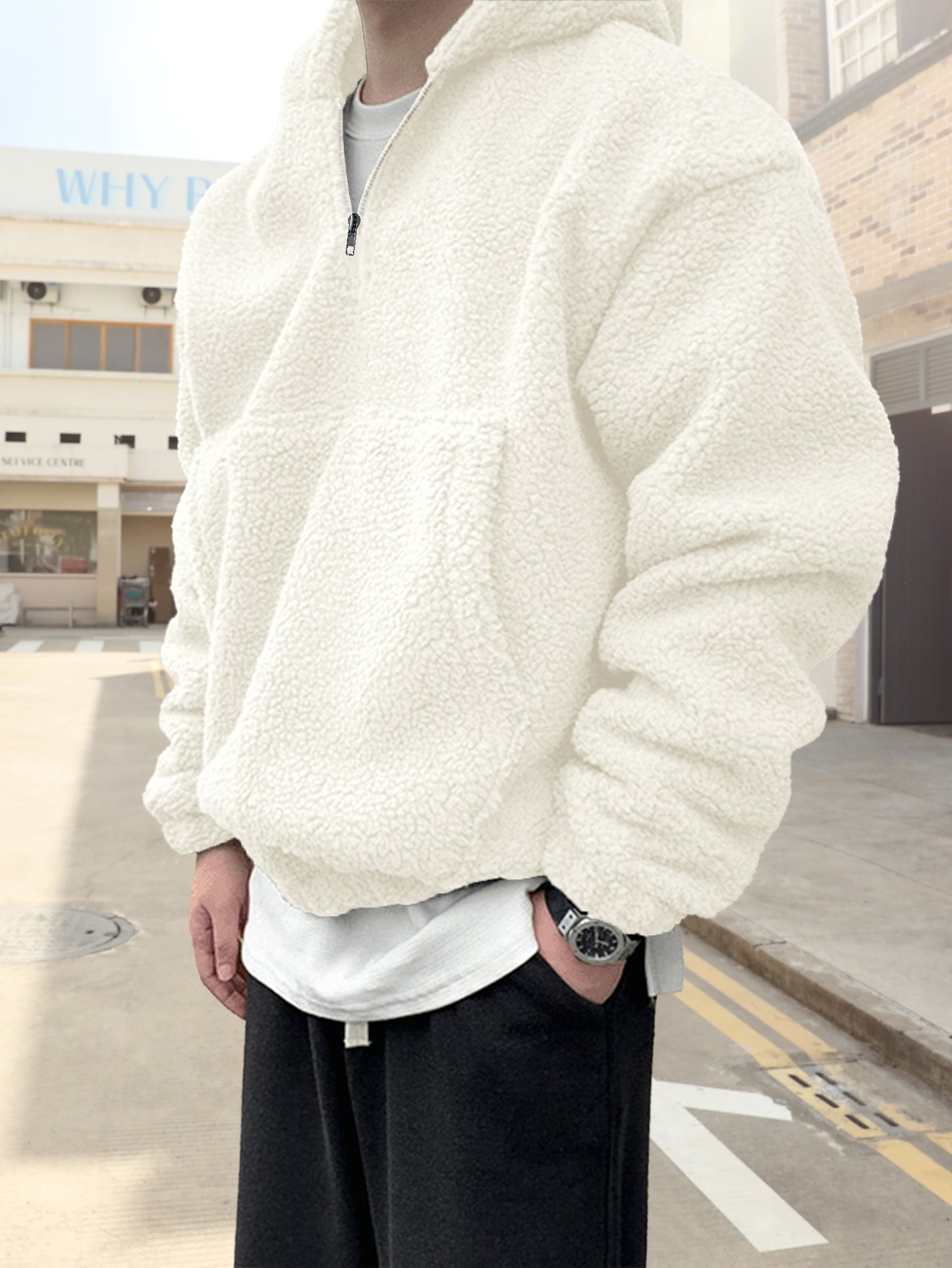 Comdecevis Mens Sherpa Fuzzy Pullover Hoodie Sweatshirts 1/4 Zip Up Oversized Outwear Top Long Sleeve Fleece Pockets Jacket
