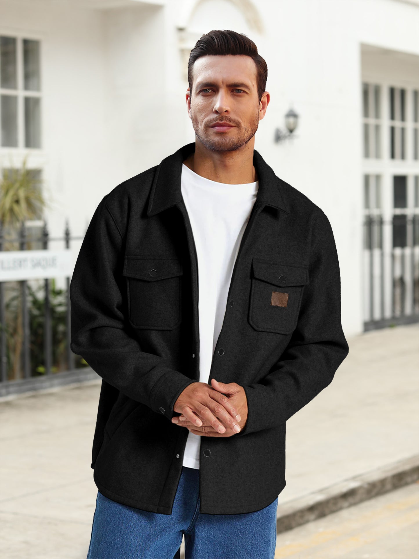Comdecevis Men's Sherpa Shirt Jacket Flannel Shackets Casual Long Sleeve Lightweight Wool Blend Coats with Pocket