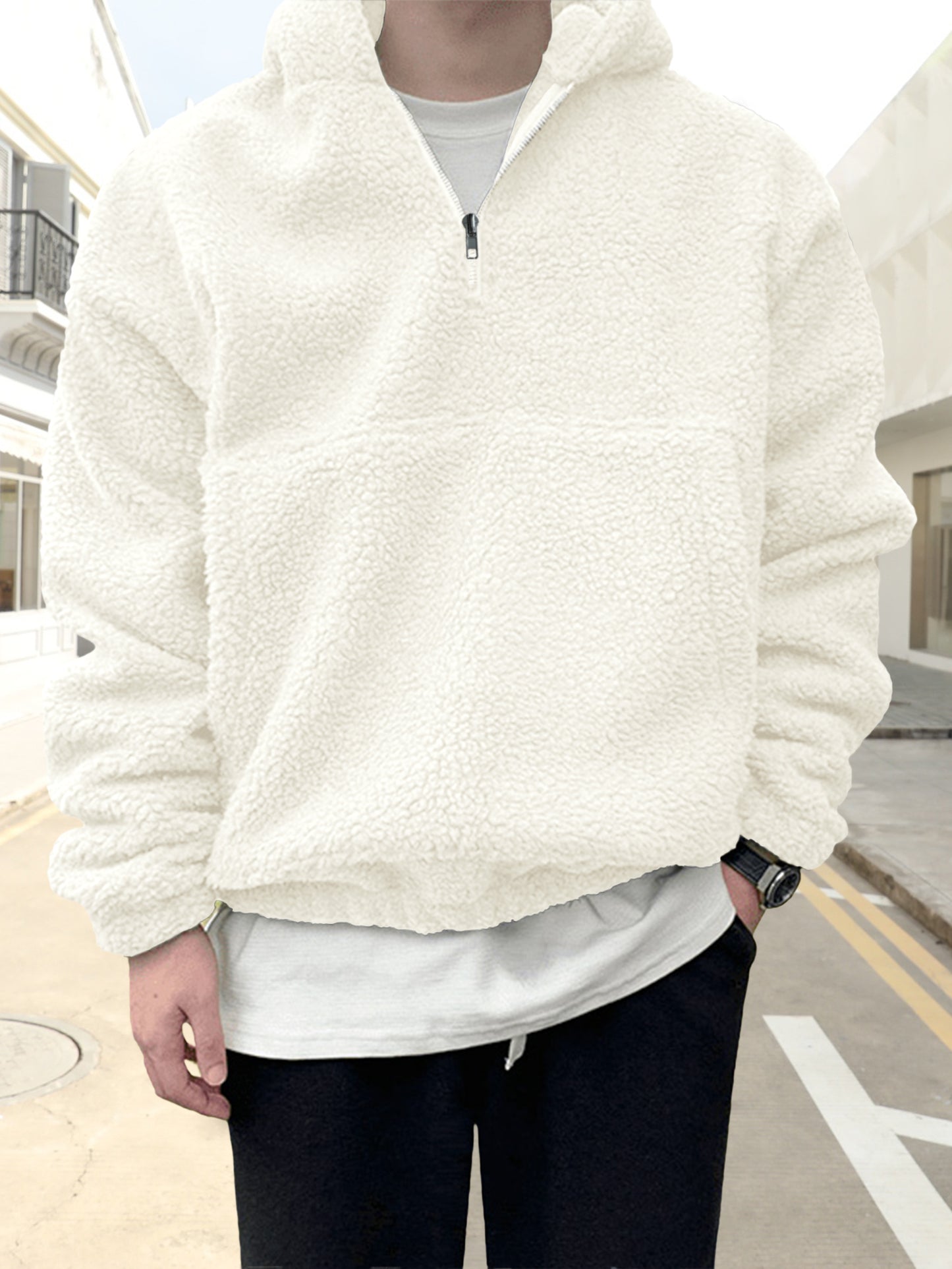 Comdecevis Mens Sherpa Fuzzy Pullover Hoodie Sweatshirts 1/4 Zip Up Oversized Outwear Top Long Sleeve Fleece Pockets Jacket