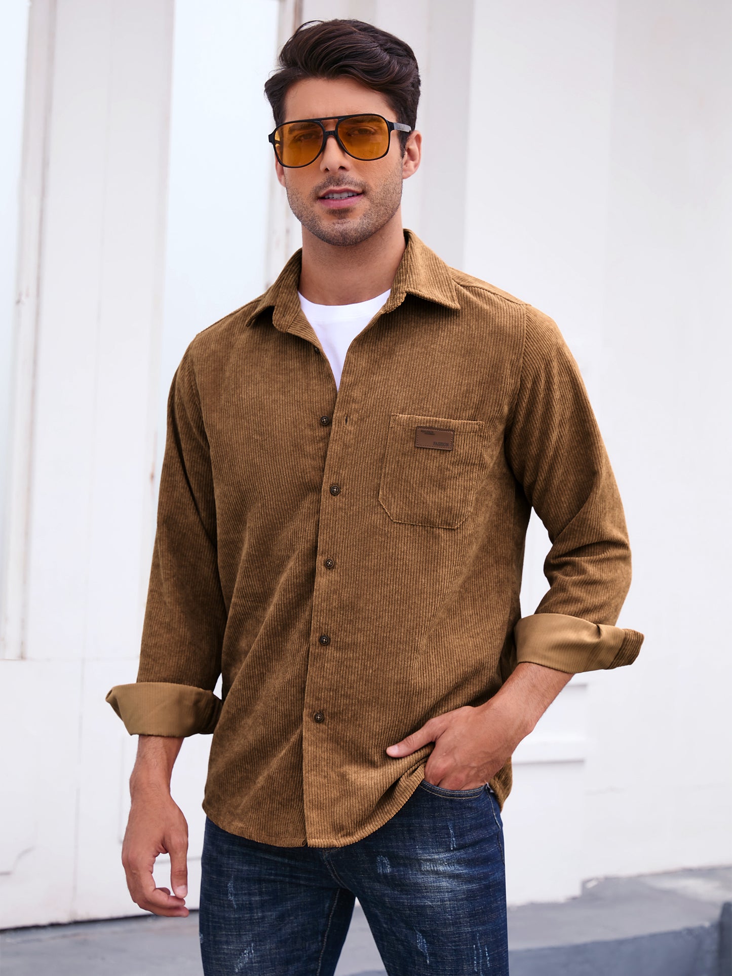 Comdecevis Men's Corduroy Shirt Long Sleeve Ribbed Tops Button Down Work Shirt Jacket with Chest Pocket