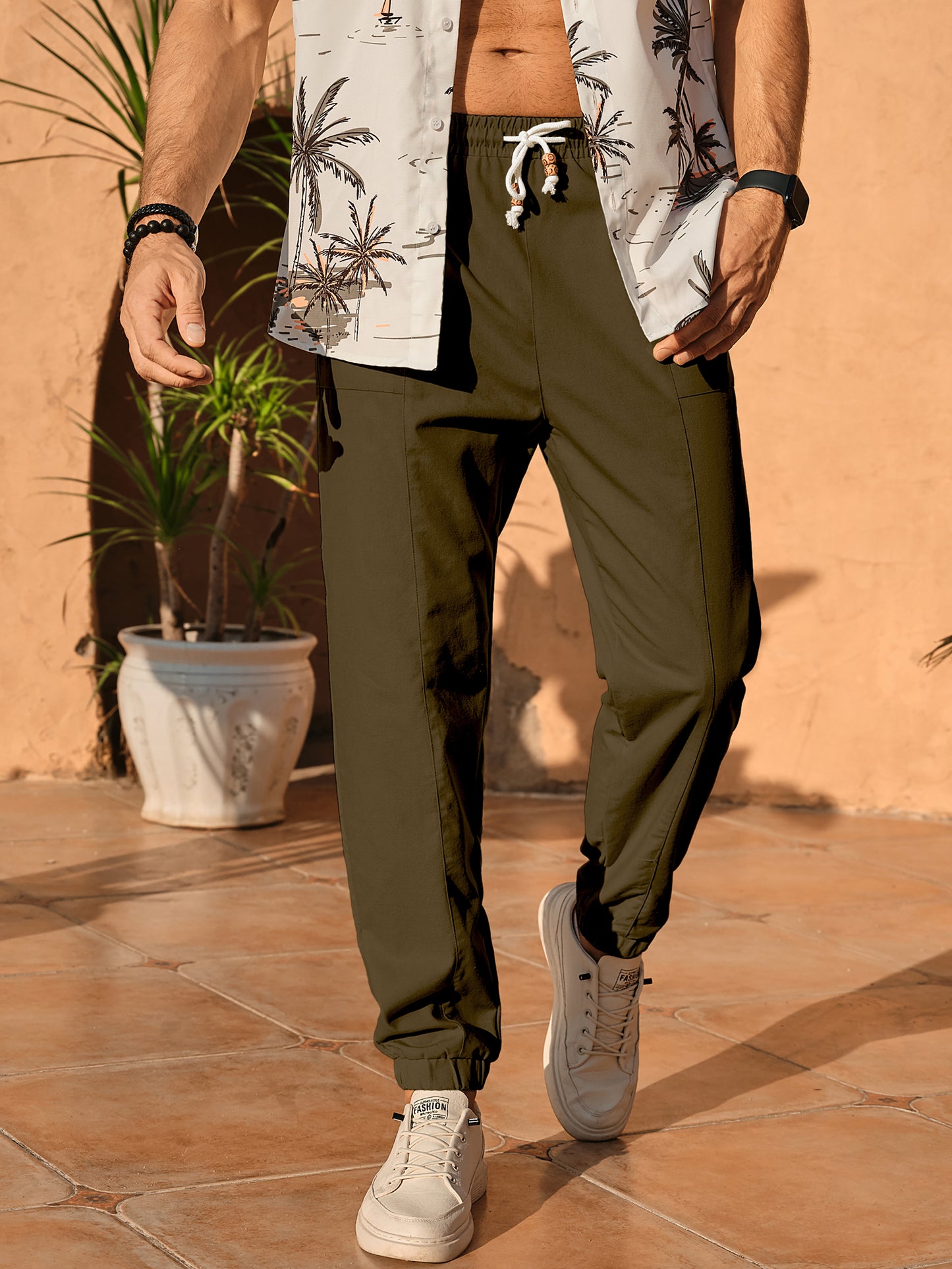 Men's Casual Linen Pants Lightweight Cotton Elastic Waist Drawstring Summer Beach Pants Jogger Yoga Trousers