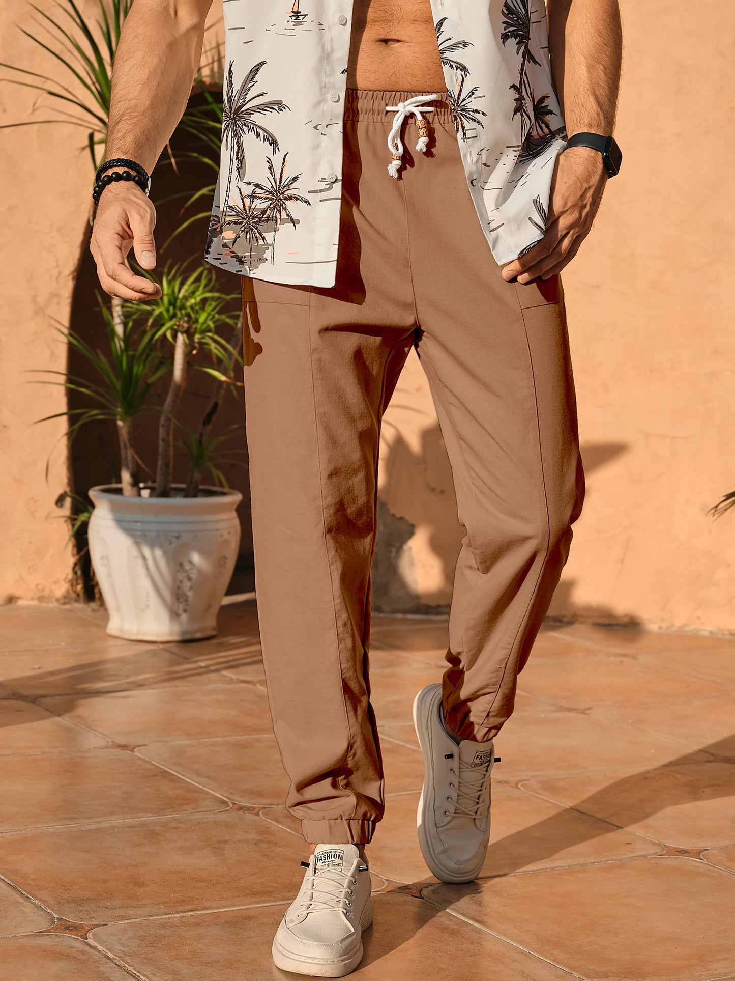 Men's Casual Linen Pants Lightweight Cotton Elastic Waist Drawstring Summer Beach Pants Jogger Yoga Trousers