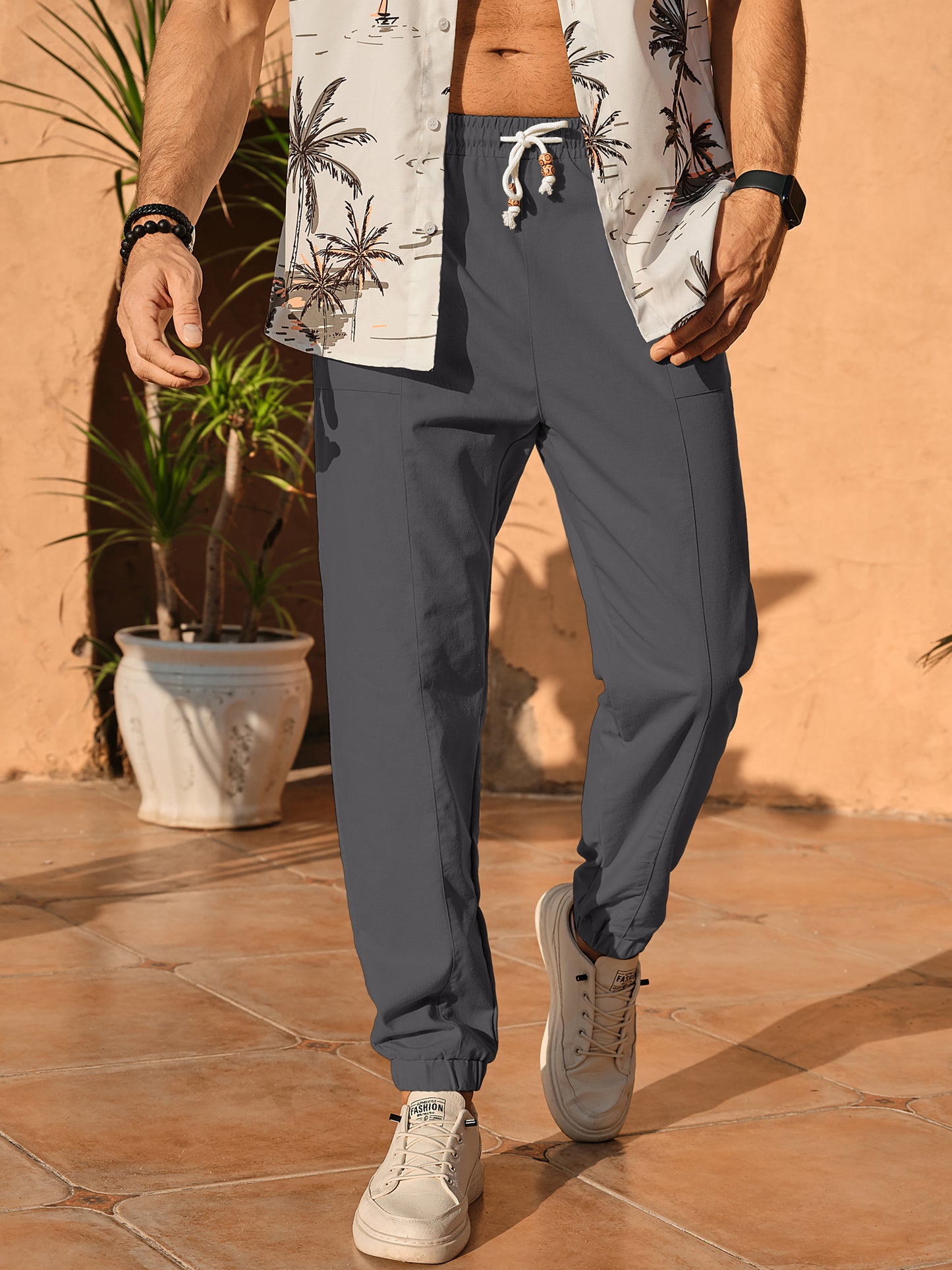 Men's Casual Linen Pants Lightweight Cotton Elastic Waist Drawstring Summer Beach Pants Jogger Yoga Trousers