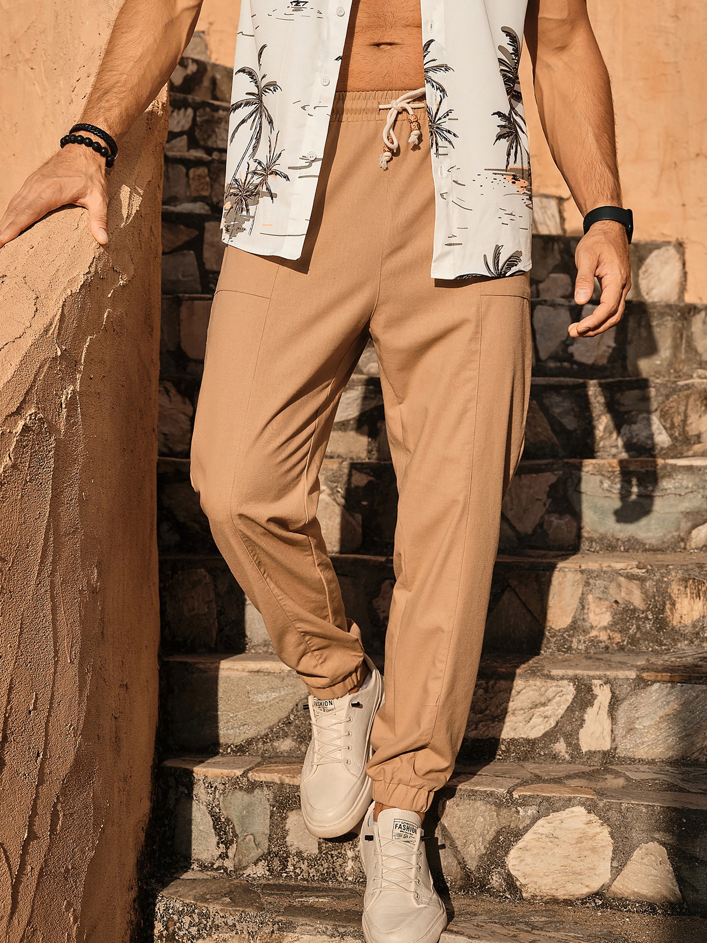 Men's Casual Linen Pants Lightweight Cotton Elastic Waist Drawstring Summer Beach Pants Jogger Yoga Trousers