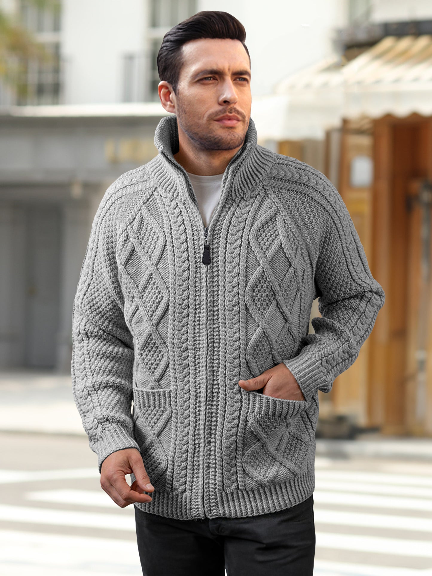 Comdecevis Men's Cardigan Sweaters Full Zip Knitted Sweater Solid Color Knitting Jackets