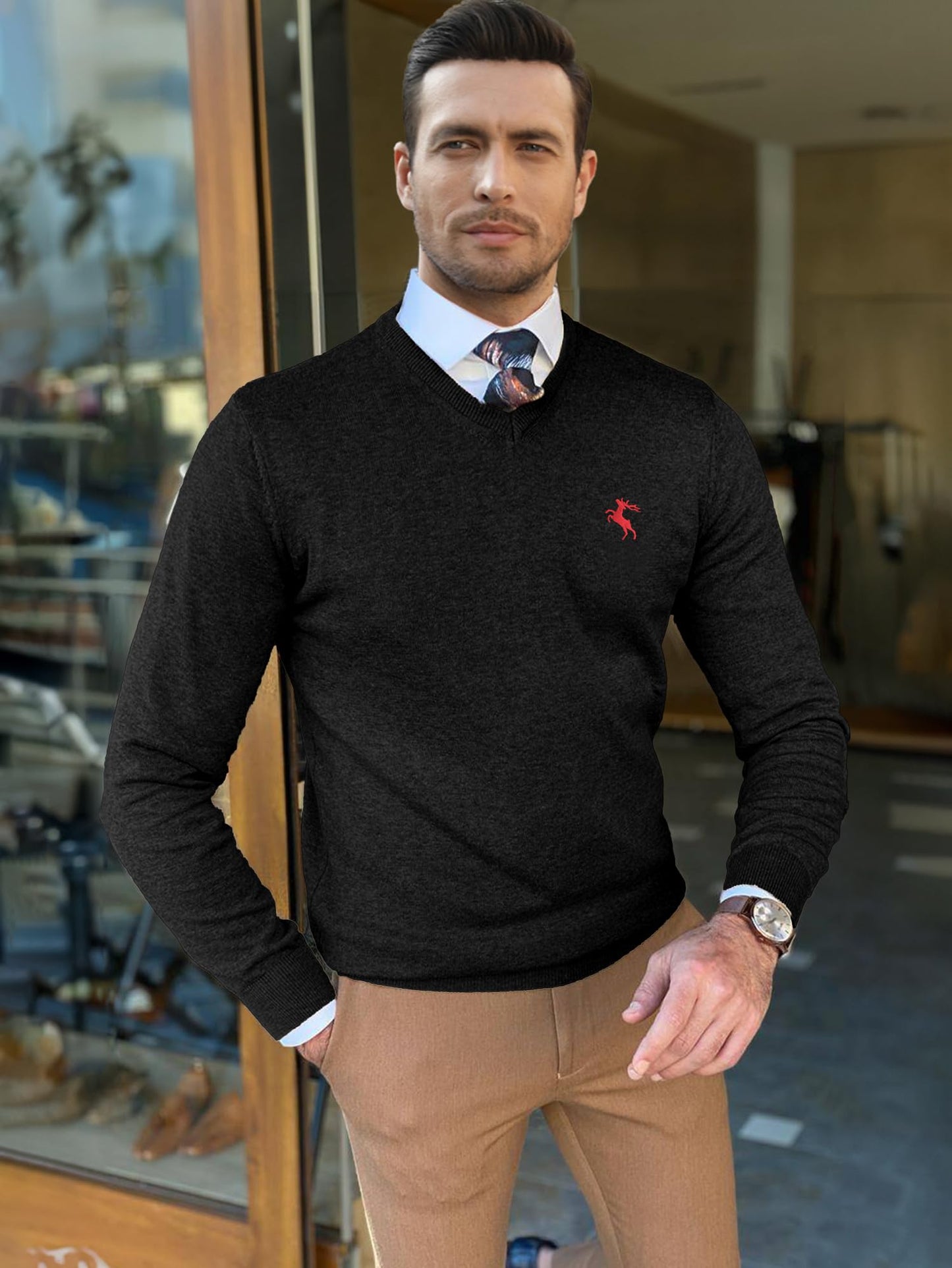 Comdecevis Men's Long Sleeve V Neck Sweater Casual Soft Knit Slim Fit Pullover Top