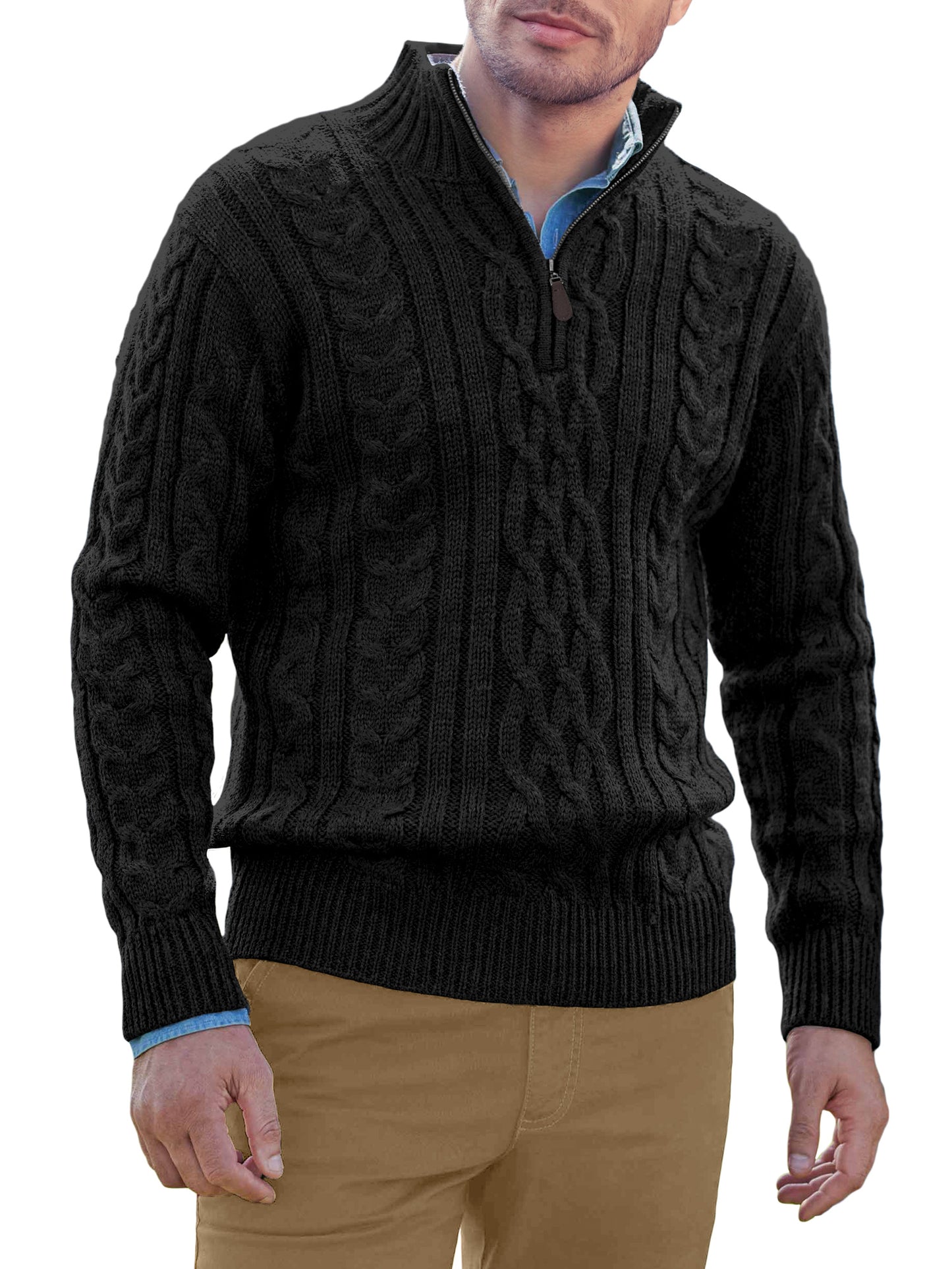 Comdecevis Men's Quarter-Zip Pullover Sweater Casual Turtleneck Cable Winter Thermal Knitted Sweaters