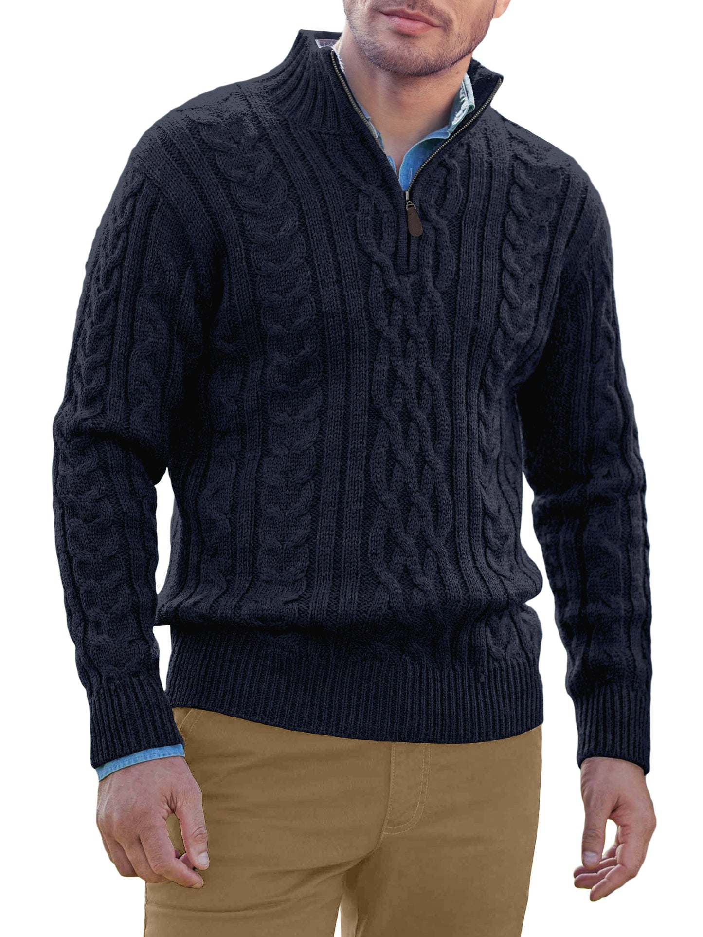 Comdecevis Men's Quarter-Zip Pullover Sweater Casual Turtleneck Cable Winter Thermal Knitted Sweaters
