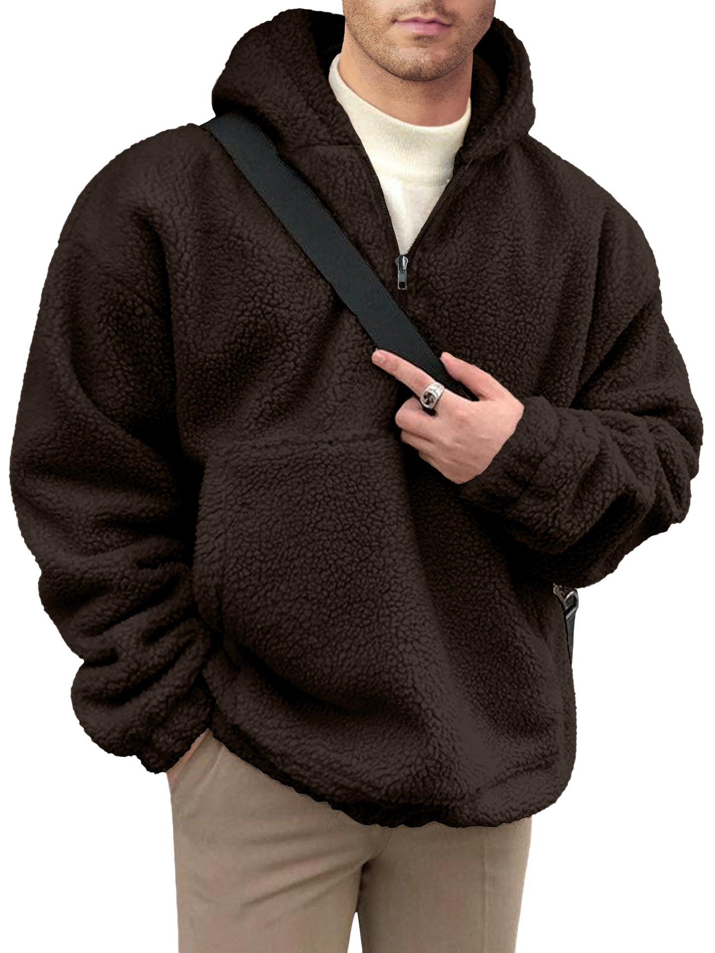 Comdecevis Mens Sherpa Fuzzy Pullover Hoodie Sweatshirts 1/4 Zip Up Oversized Outwear Top Long Sleeve Fleece Pockets Jacket