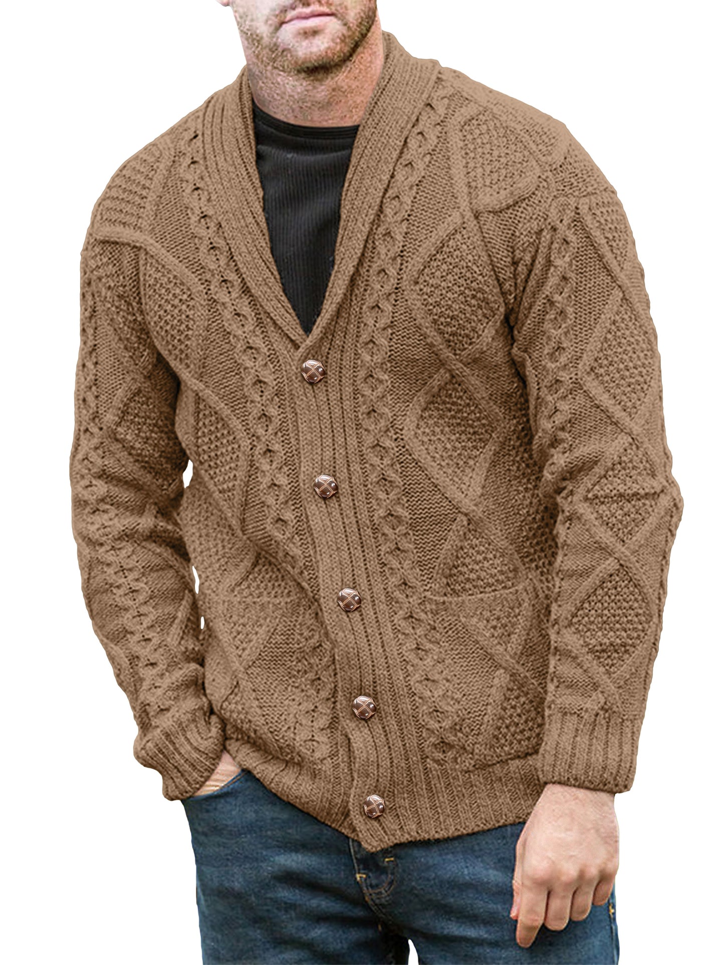 Comdecevis Men's V Neck Cable Cardigan Sweaters Casual Long Sleeve Button Down Knit Cardigans Coat with Pockets