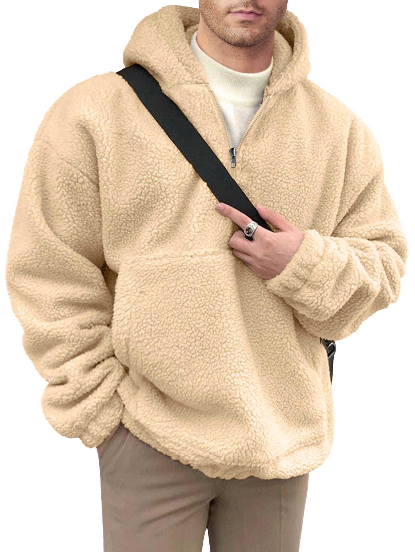 Comdecevis Mens Sherpa Fuzzy Pullover Hoodie Sweatshirts 1/4 Zip Up Oversized Outwear Top Long Sleeve Fleece Pockets Jacket