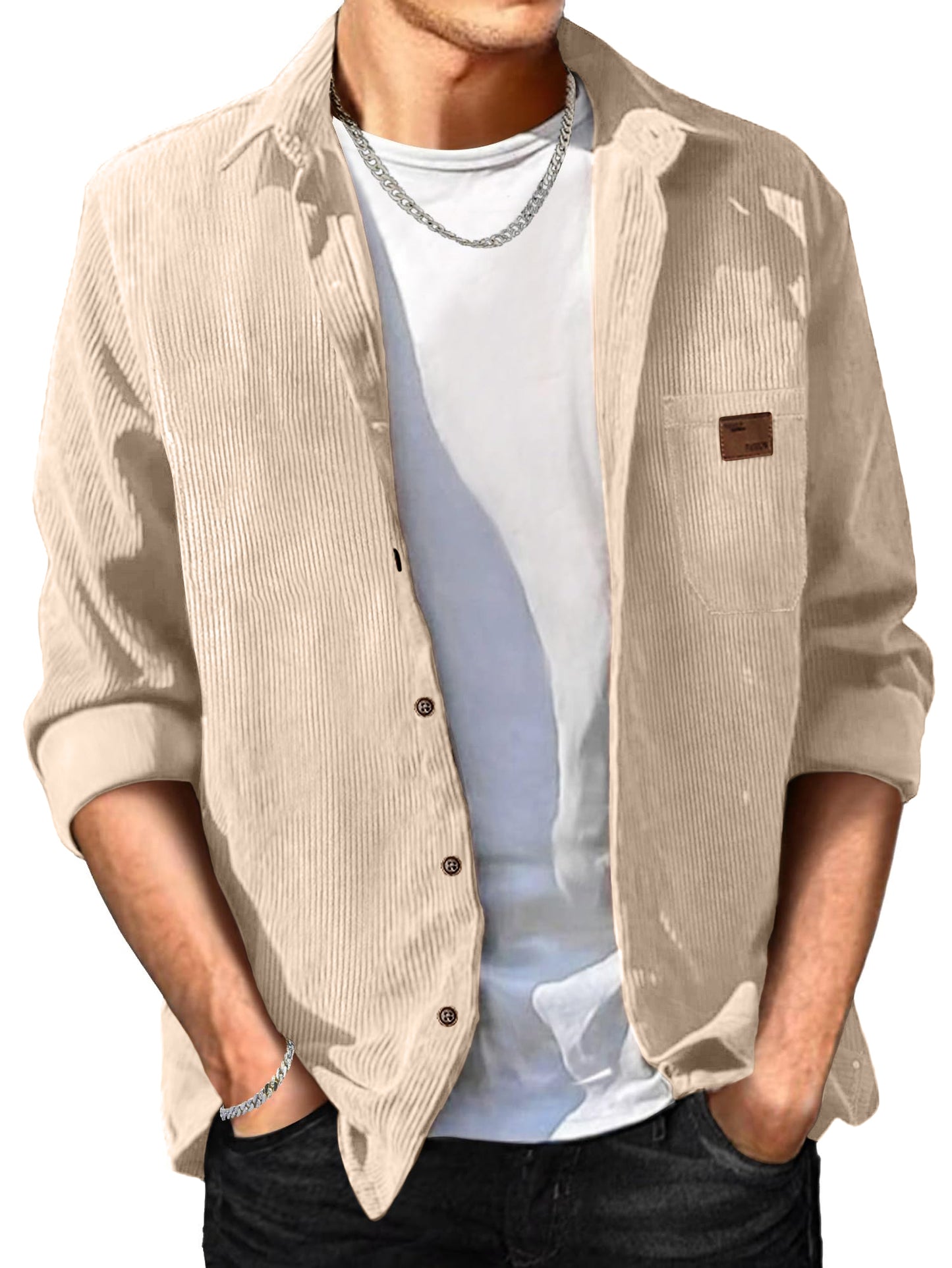 Comdecevis Men's Corduroy Shirt Long Sleeve Ribbed Tops Button Down Work Shirt Jacket with Chest Pocket