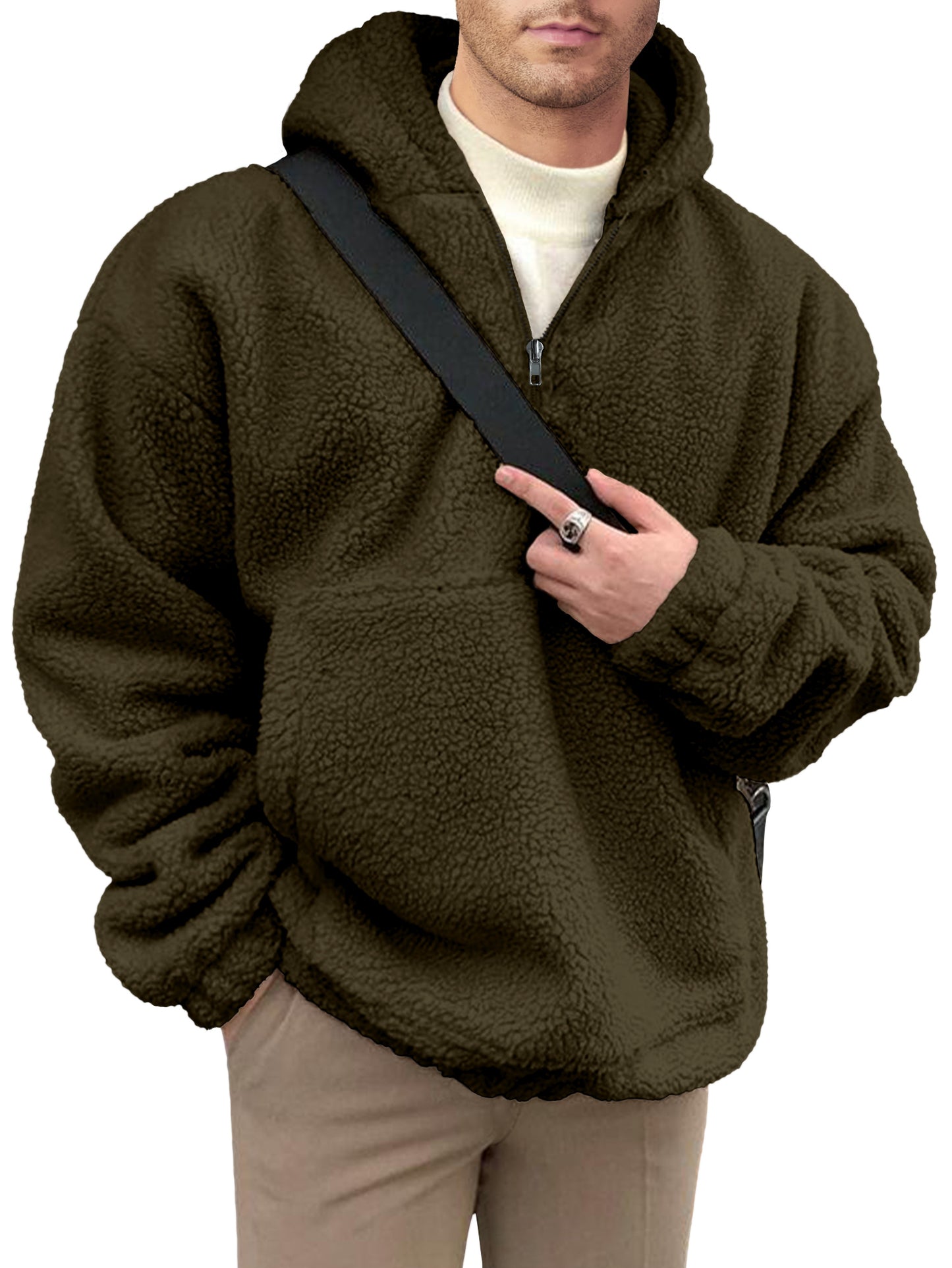 Comdecevis Mens Sherpa Fuzzy Pullover Hoodie Sweatshirts 1/4 Zip Up Oversized Outwear Top Long Sleeve Fleece Pockets Jacket