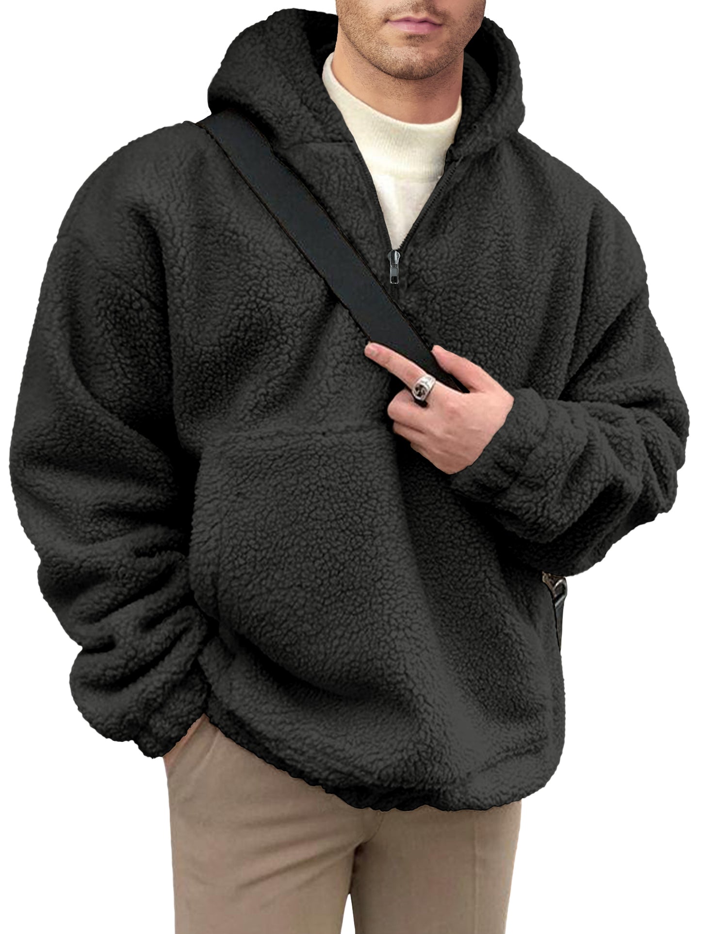 Comdecevis Mens Sherpa Fuzzy Pullover Hoodie Sweatshirts 1/4 Zip Up Oversized Outwear Top Long Sleeve Fleece Pockets Jacket