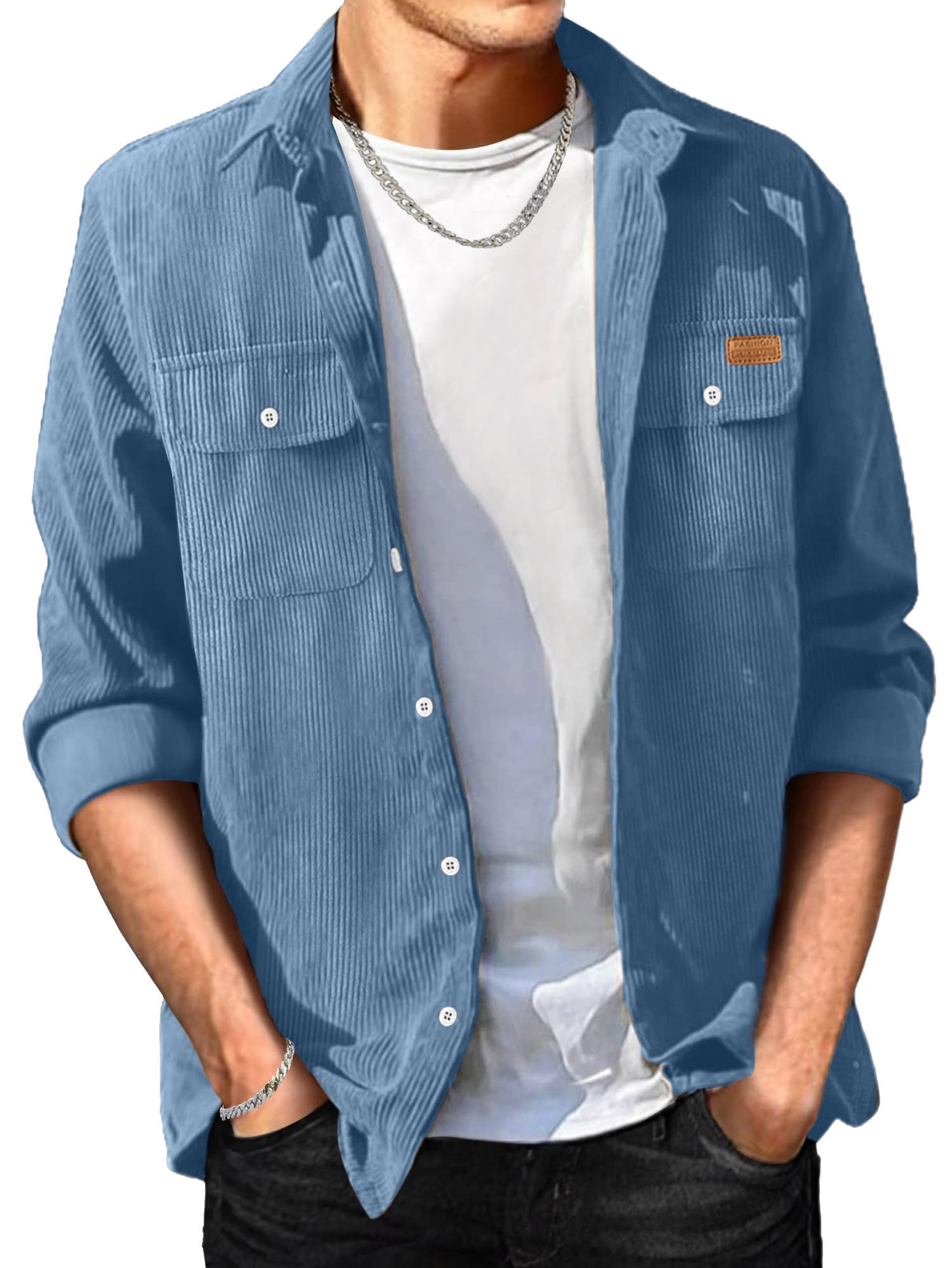 Comdecevis Men's Corduroy Shirt Long Sleeve Ribbed Tops Button Down Work Shirt Jacket with Chest Pocket