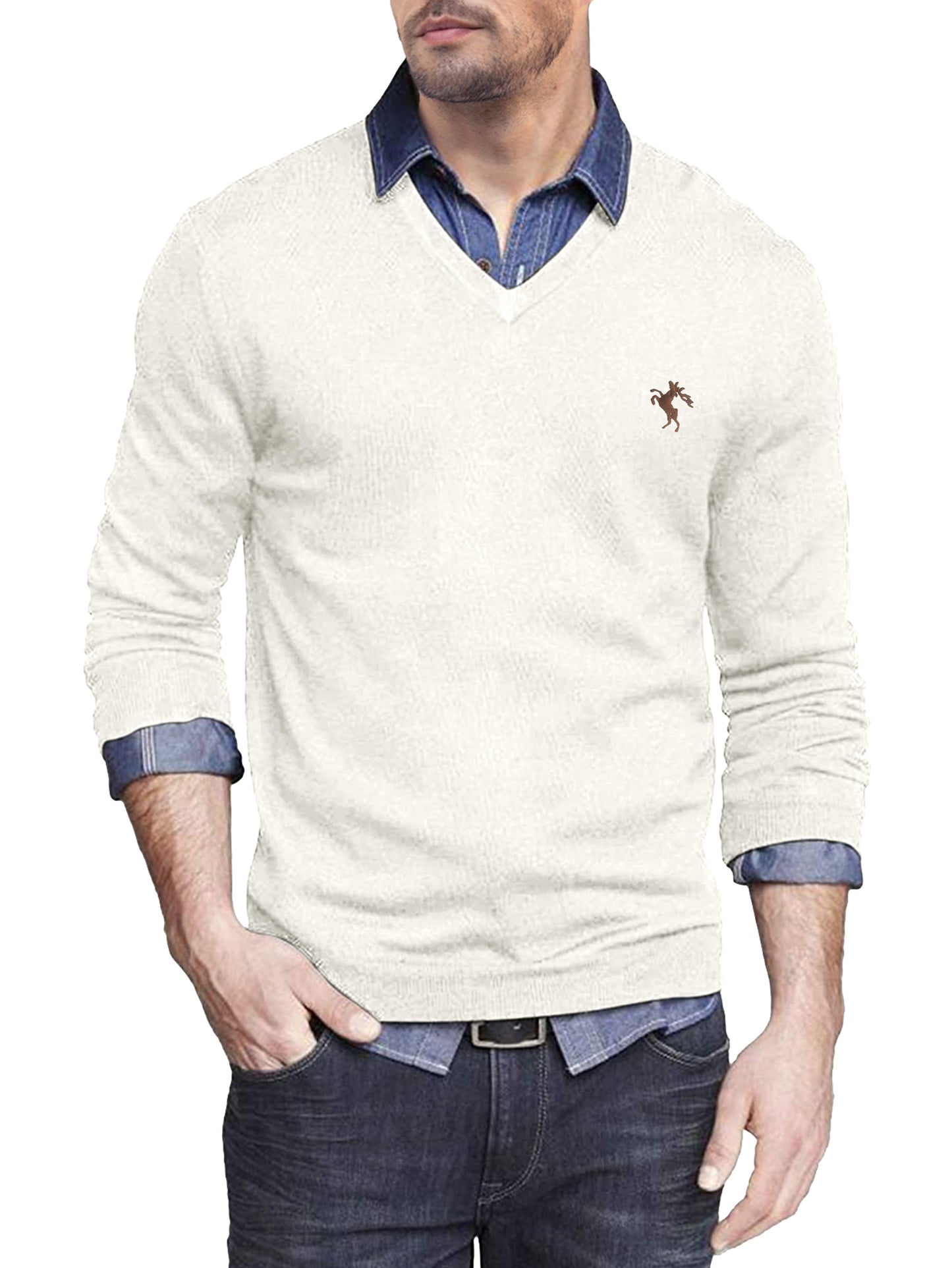 Comdecevis Men's Long Sleeve V Neck Sweater Casual Soft Knit Slim Fit Pullover Top