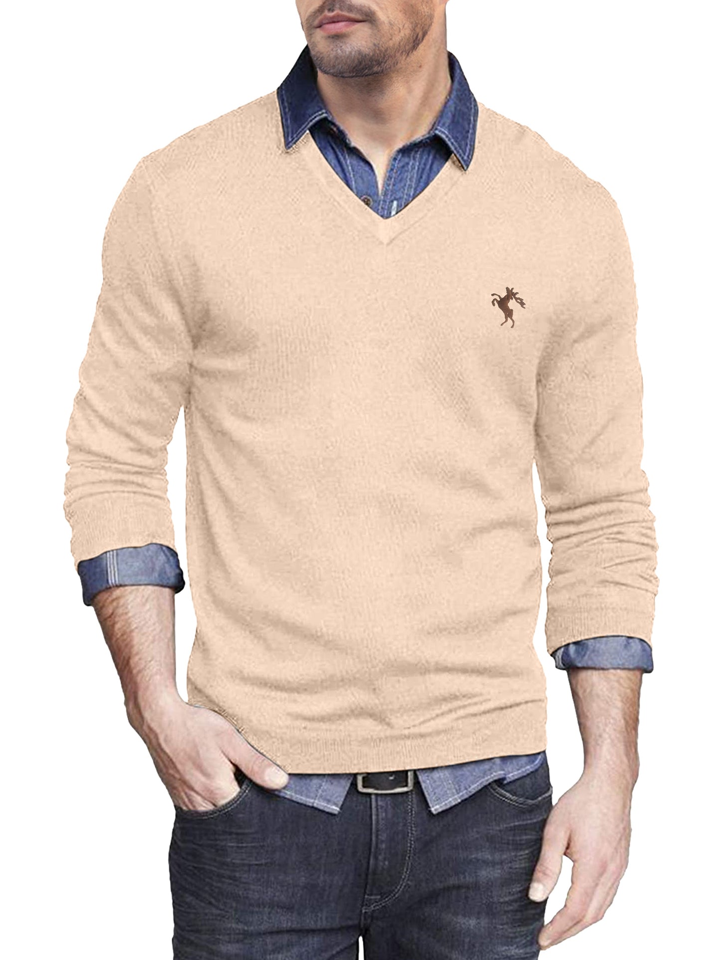 Comdecevis Men's Long Sleeve V Neck Sweater Casual Soft Knit Slim Fit Pullover Top