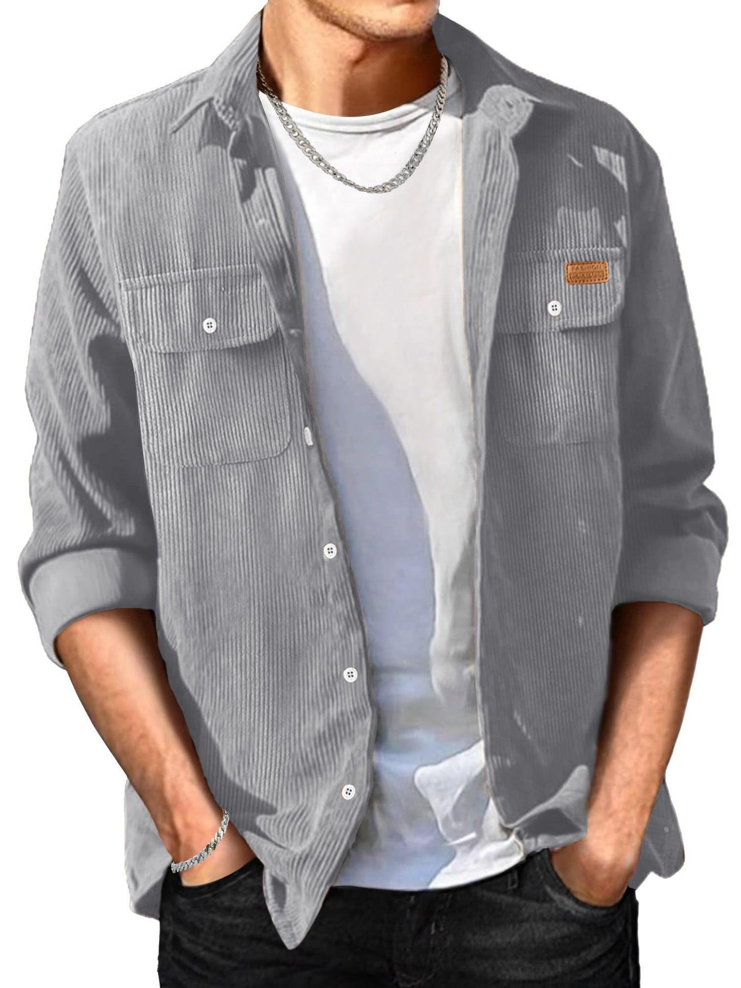 Comdecevis Men's Corduroy Shirt Long Sleeve Ribbed Tops Button Down Work Shirt Jacket with Chest Pocket