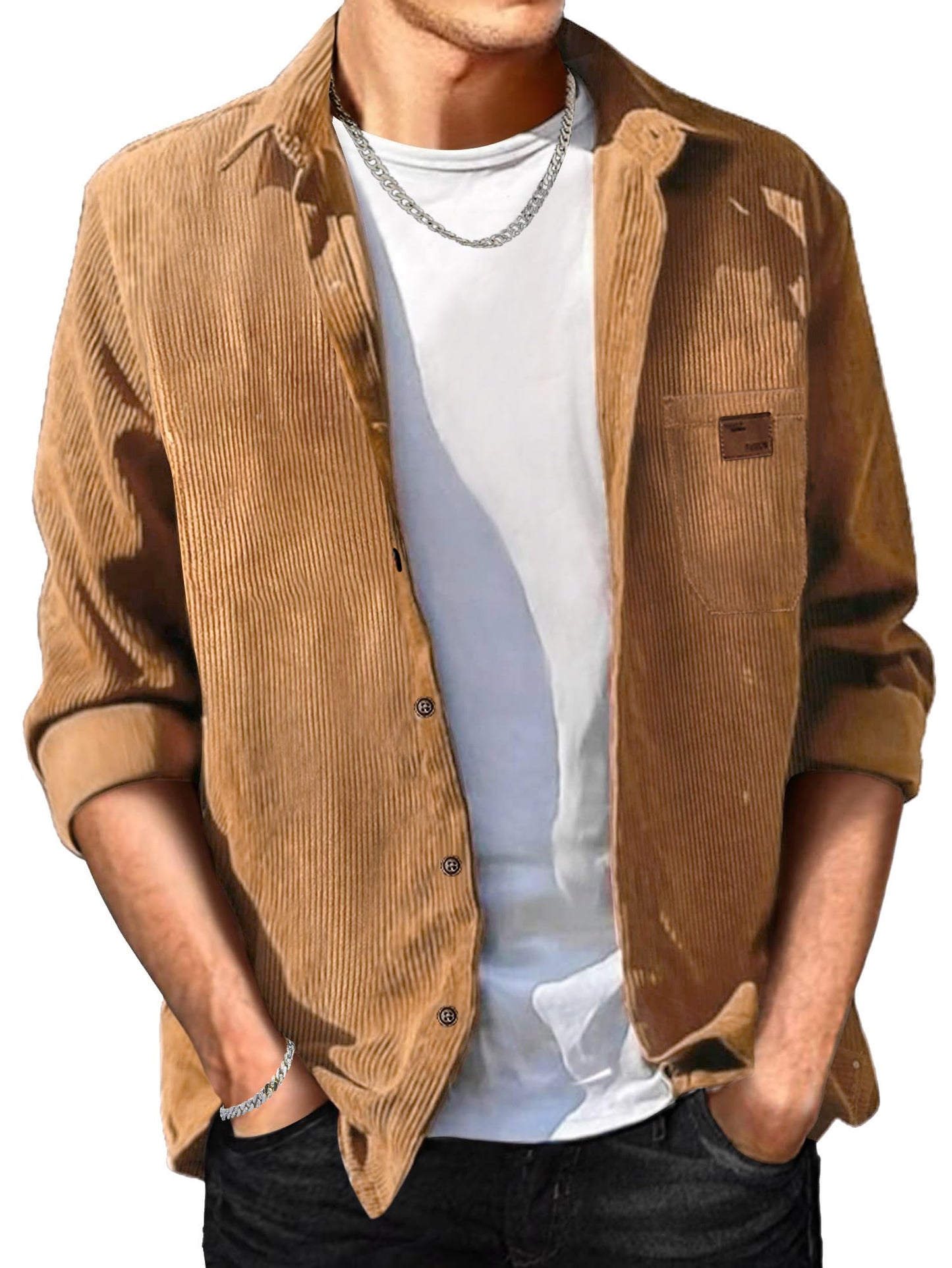 Comdecevis Men's Corduroy Shirt Long Sleeve Ribbed Tops Button Down Work Shirt Jacket with Chest Pocket