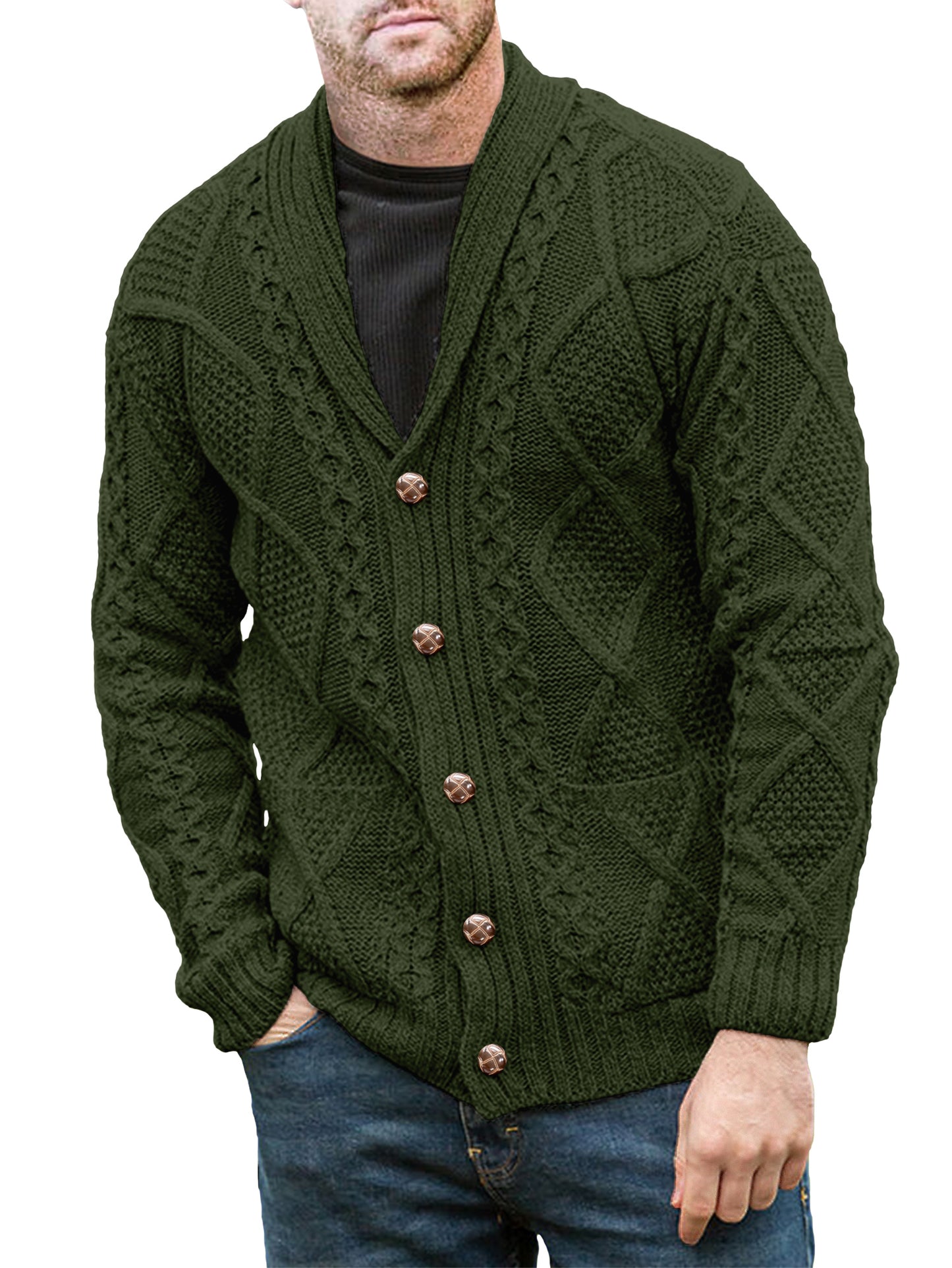 Comdecevis Men's V Neck Cable Cardigan Sweaters Casual Long Sleeve Button Down Knit Cardigans Coat with Pockets