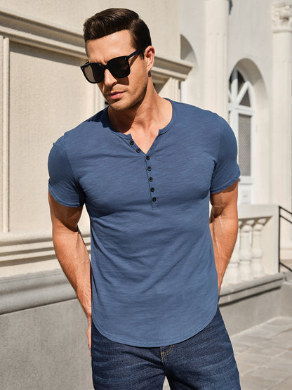 Men's Henley Shirts Kint Short Sleeve Muscle Fit Shirts Vintage Casual Button V Neck T-Shirts for Men