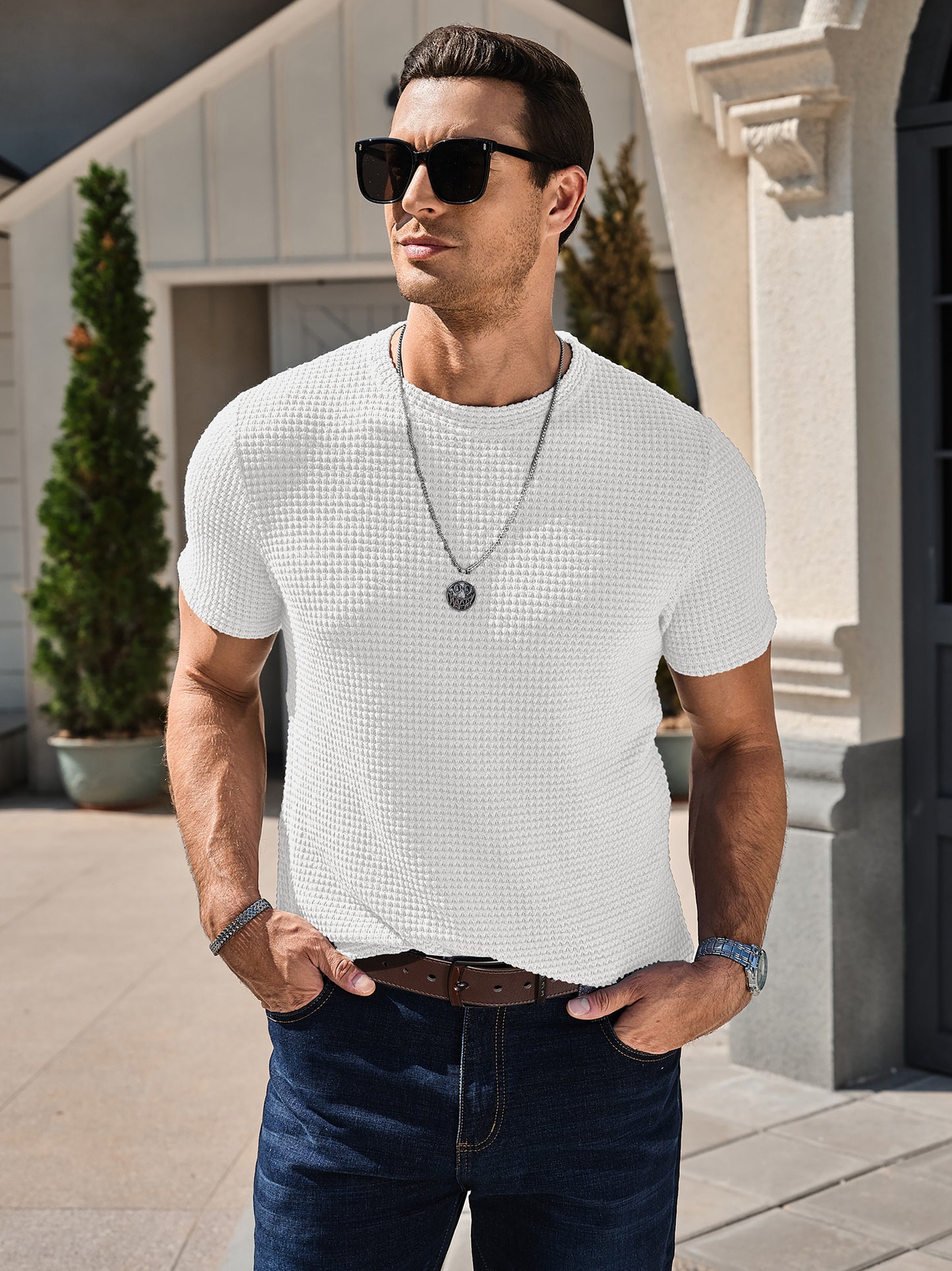 Men's Casual T-Shirt Short Sleeve Crew Neck See Through Soft Knit Tee Shirts Summer Beach Mesh Waffle Textured Tops