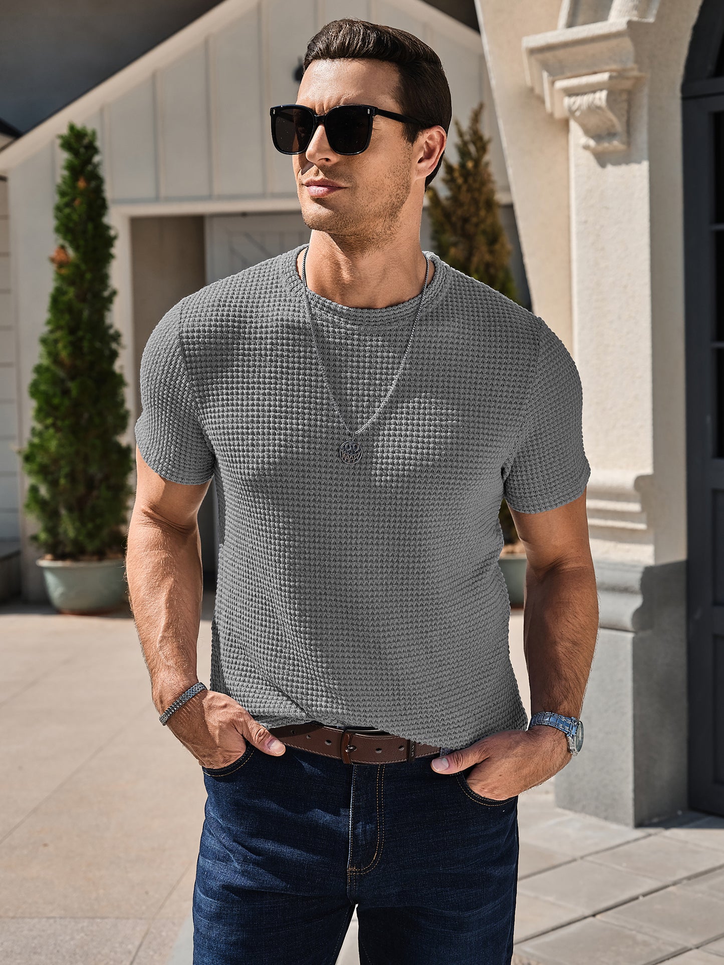 Men's Casual T-Shirt Short Sleeve Crew Neck See Through Soft Knit Tee Shirts Summer Beach Mesh Waffle Textured Tops