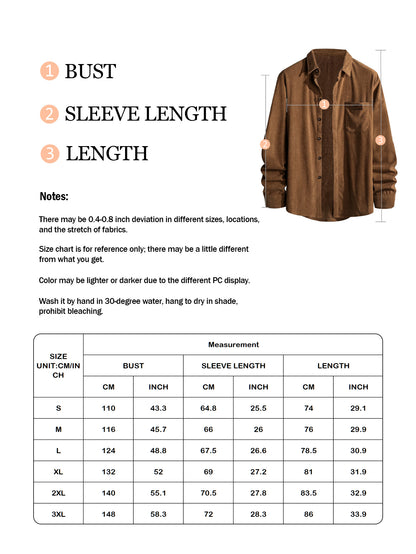 Comdecevis Men's Corduroy Shirt Long Sleeve Ribbed Tops Button Down Work Shirt Jacket with Chest Pocket
