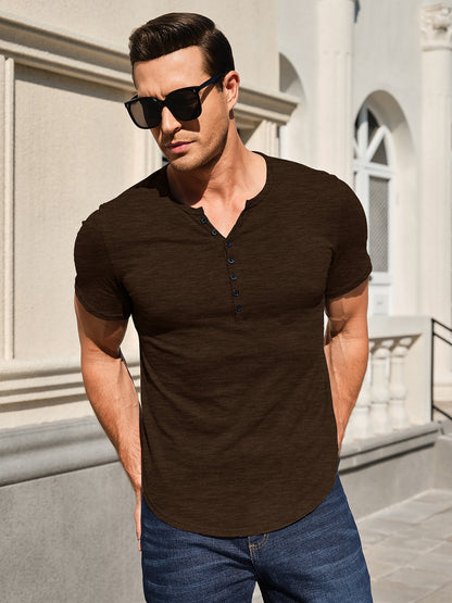 Men's Henley Shirts Kint Short Sleeve Muscle Fit Shirts Vintage Casual Button V Neck T-Shirts for Men