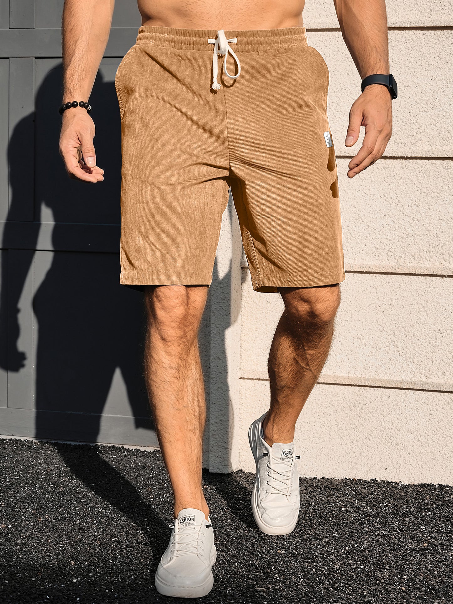 Men's Shorts Casual Corduroy Drawstring Elastic Waist Lightweight Summer Beach Shorts Loose Fit