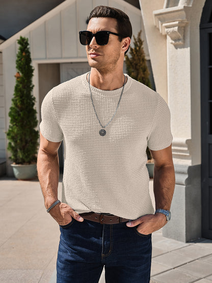 Men's Casual T-Shirt Short Sleeve Crew Neck See Through Soft Knit Tee Shirts Summer Beach Mesh Waffle Textured Tops