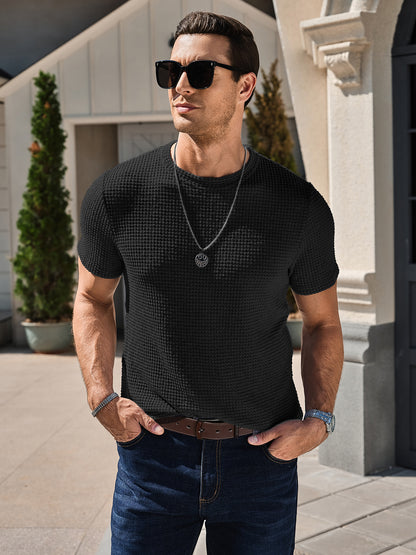 Men's Casual T-Shirt Short Sleeve Crew Neck See Through Soft Knit Tee Shirts Summer Beach Mesh Waffle Textured Tops