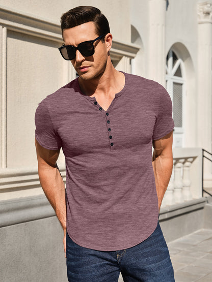 Men's Henley Shirts Kint Short Sleeve Muscle Fit Shirts Vintage Casual Button V Neck T-Shirts for Men