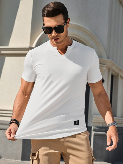 Mens T-Shirts Short Sleeve V Neck Henley Shirt Muscle Fit Gym Workout Athletic Fresh Clean Classic Tees