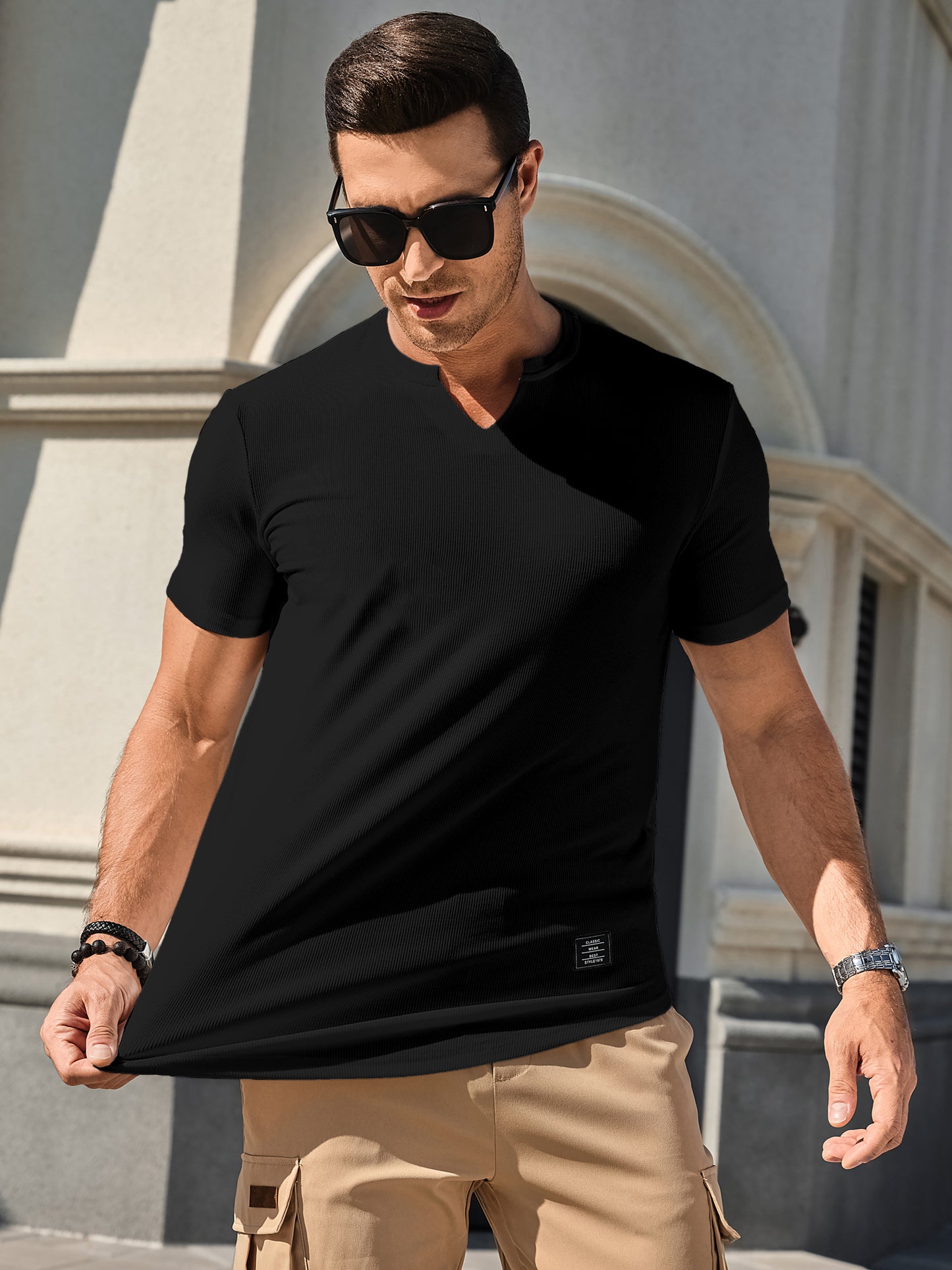 Mens T-Shirts Short Sleeve V Neck Henley Shirt Muscle Fit Gym Workout Athletic Fresh Clean Classic Tees