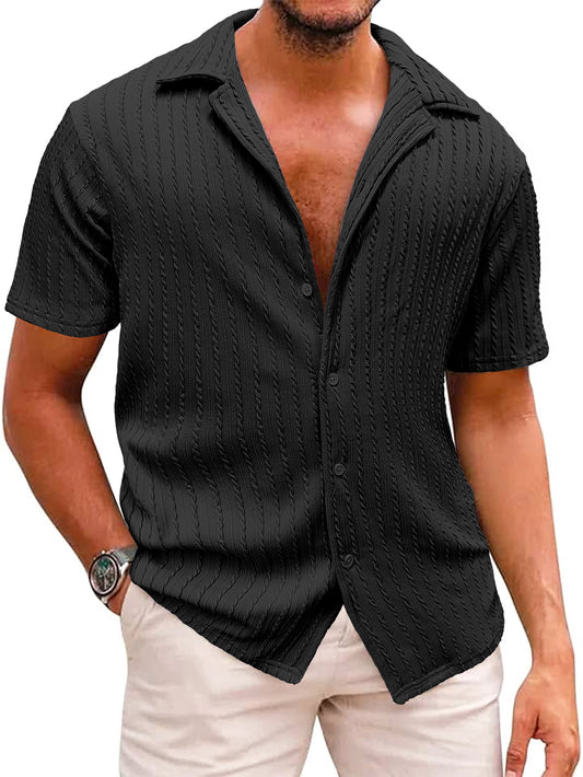 Comdecevis Men's Button Down Knit Shirts Short Sleeve Vintage Textured Polo Shirt Casual Cuban Beach Tops