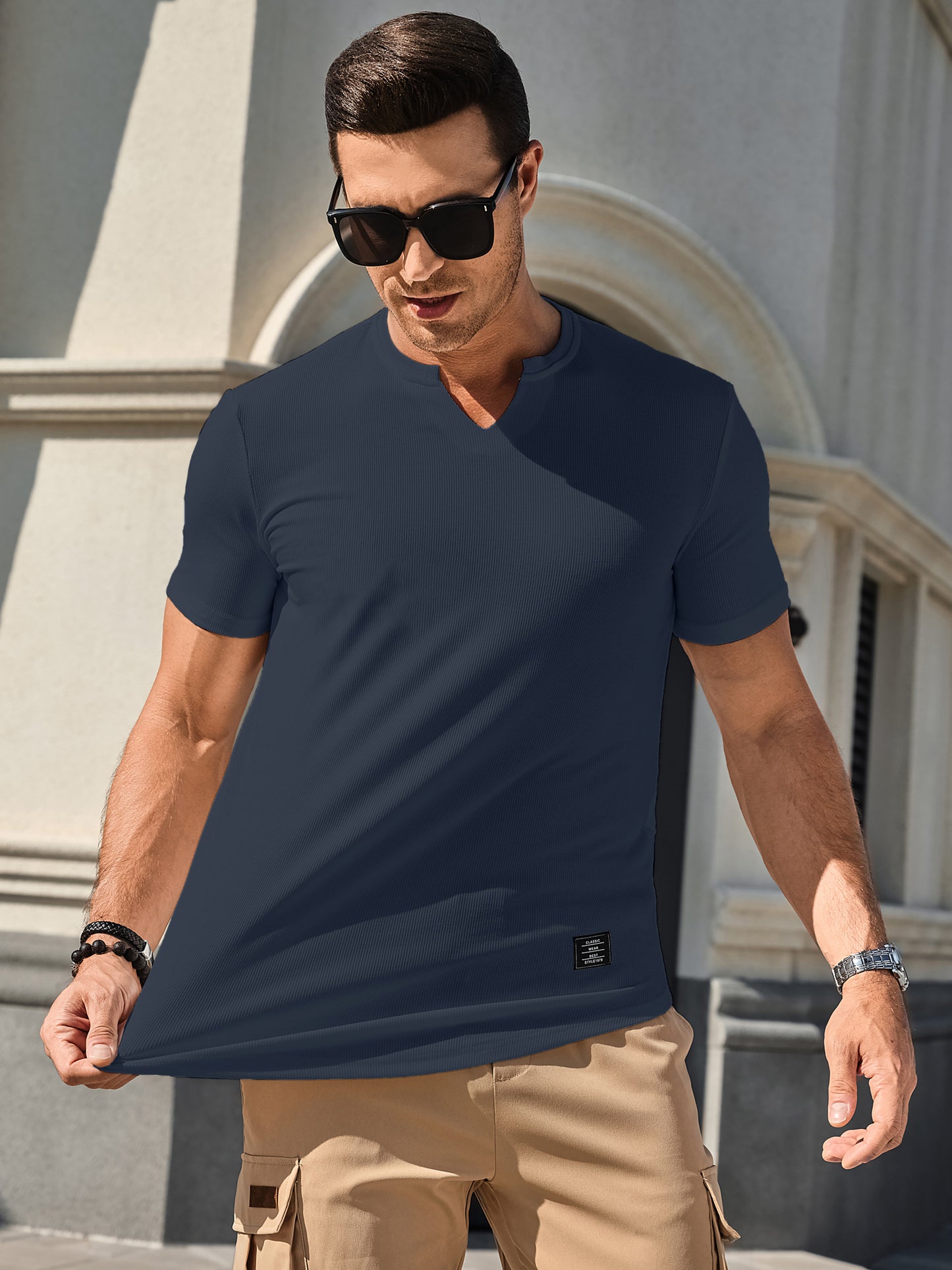 Mens T-Shirts Short Sleeve V Neck Henley Shirt Muscle Fit Gym Workout Athletic Fresh Clean Classic Tees