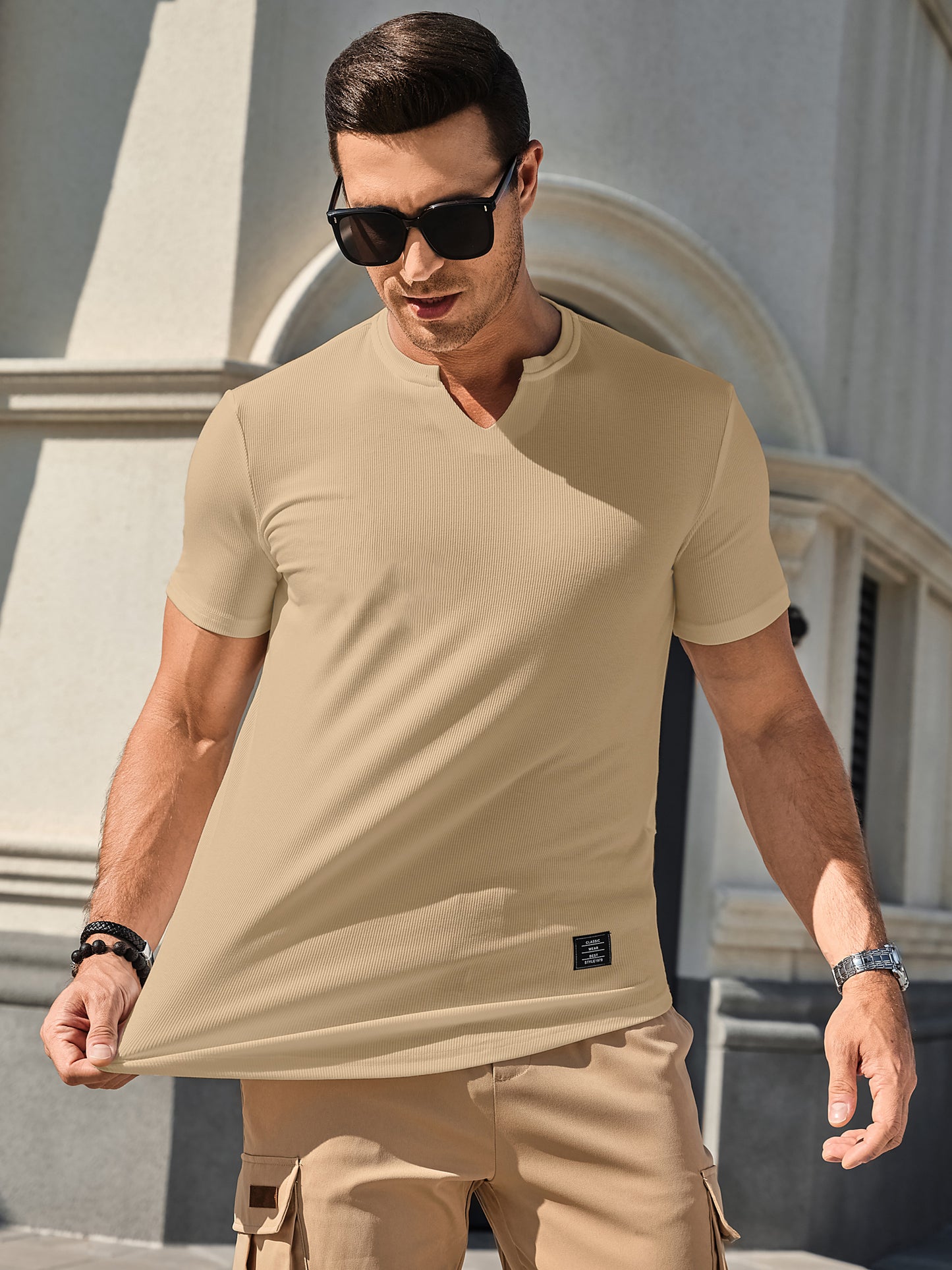 Mens T-Shirts Short Sleeve V Neck Henley Shirt Muscle Fit Gym Workout Athletic Fresh Clean Classic Tees