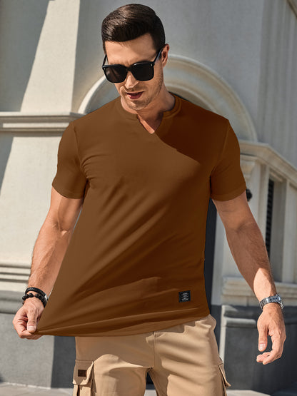 Mens T-Shirts Short Sleeve V Neck Henley Shirt Muscle Fit Gym Workout Athletic Fresh Clean Classic Tees