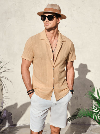 Men's Knit Polo Shirts Button Down Short Sleeve Casual Summer Beach Vintage Waffle Shirts for Men