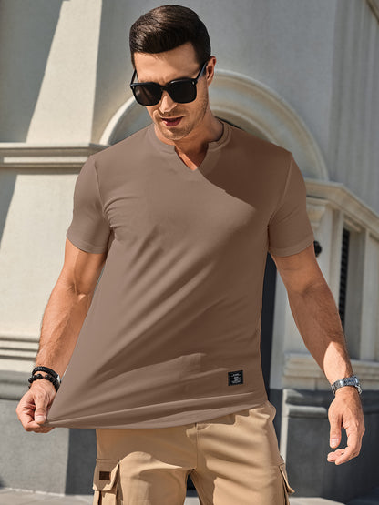 Mens T-Shirts Short Sleeve V Neck Henley Shirt Muscle Fit Gym Workout Athletic Fresh Clean Classic Tees