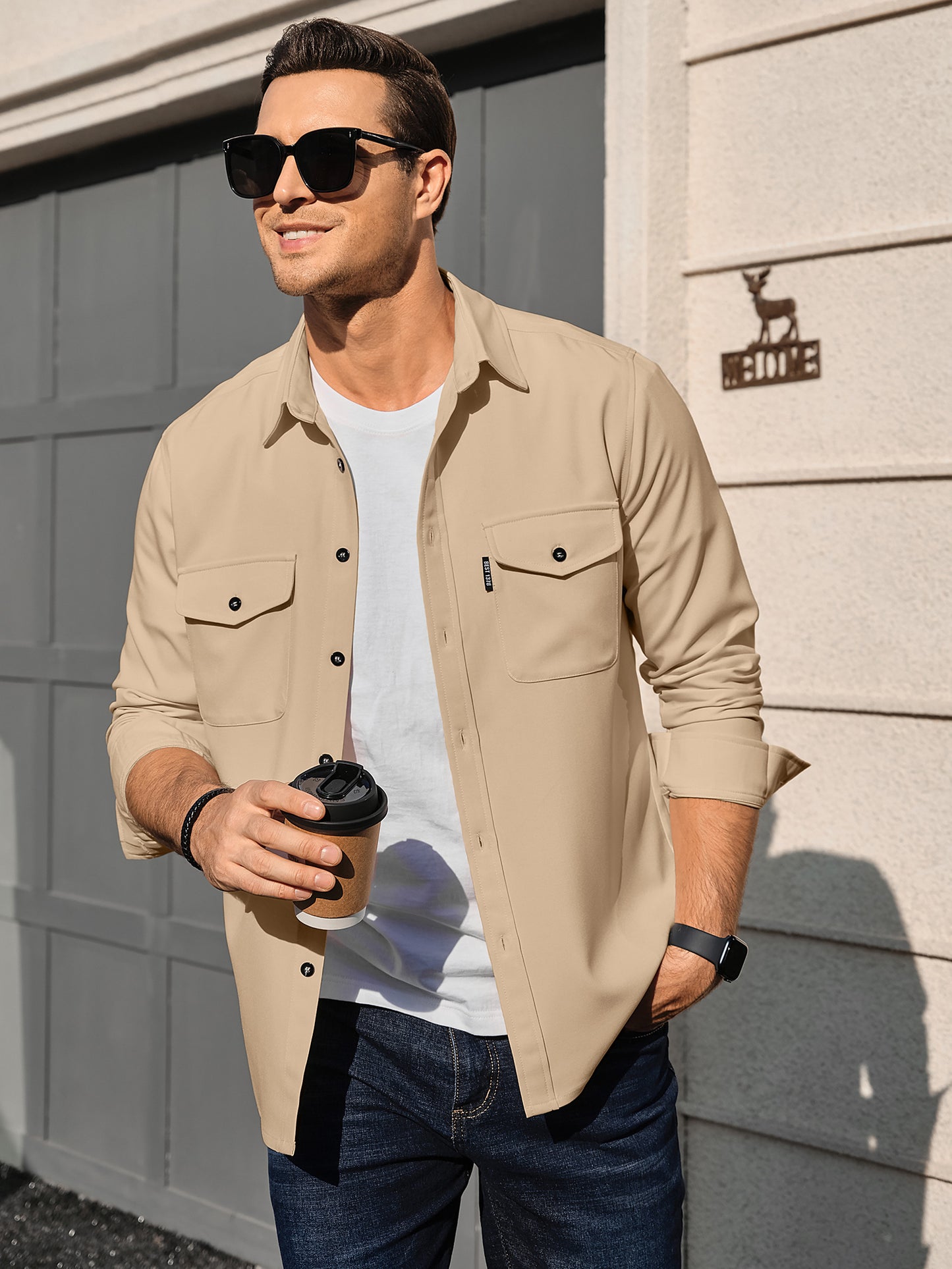 Mens Casual Button Down Shirts Long Sleeve Wrinkle-Free Lightweight Shirts with Flap Pockets