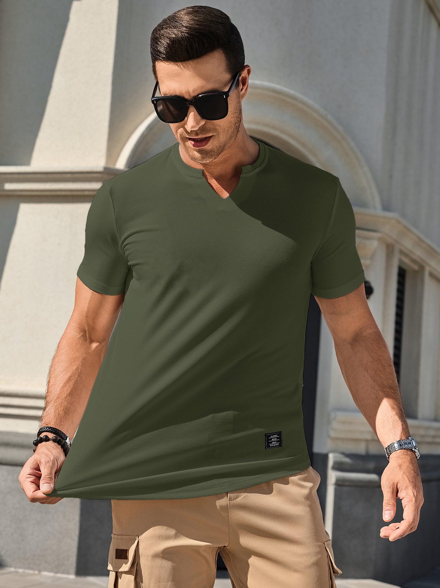 Mens T-Shirts Short Sleeve V Neck Henley Shirt Muscle Fit Gym Workout Athletic Fresh Clean Classic Tees